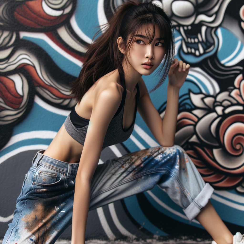 Very thin Athletic Thin skinny Attractive, Asian teenage girl, long brown hair and bangs, wearing tight skinny jeans and a halter top paint marks on her clothing, sitting side view heroic pose Asian graffiti