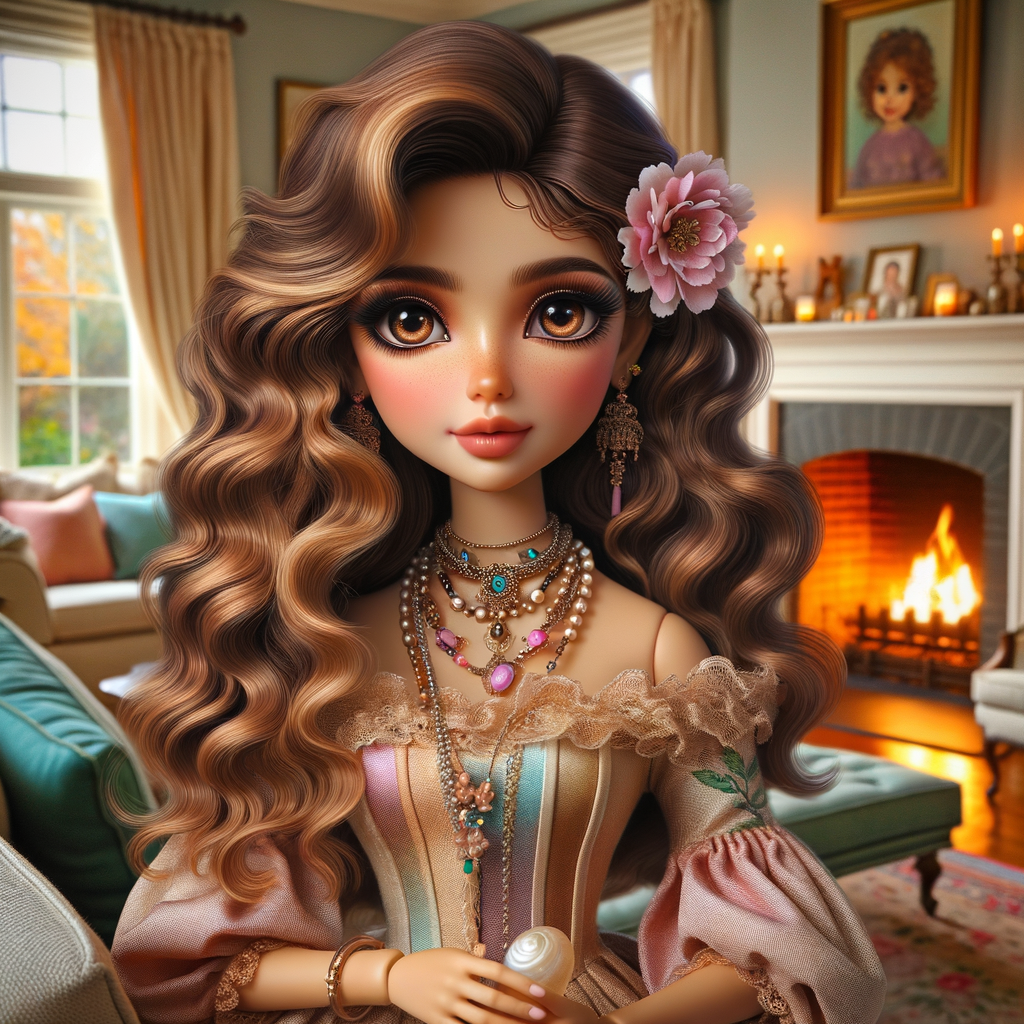 Create an image of a stylized, Latino doll-like girl seated in a cozy living room with a warm fireplace. She has voluminous, wavy hair cascading over her shoulders, tinted with shades of chestnut and mocha. Her large, expressive eyes are a deep brown, fringed with long, fluttery lashes. A delicate pink flower tucks behind one ear, complementing her youthful glow. She wears a gold, pink, and blue body on dress with soft, flowing fabric that drapes elegantly over her small frame. Around her neck is a dainty necklace adorned with beads and a gentle sprinkle of gemstones reflecting subtle light. In her hand, she holds a pearly seashell as a charming accessory. Behind her, the living room is inviting, with plush furnishings, a mantelpiece adorned with family photos and trinkets, and a crackling fireplace that casts a comforting glow and dancing shadows around the room, enhancing the ambiance of a serene home setting