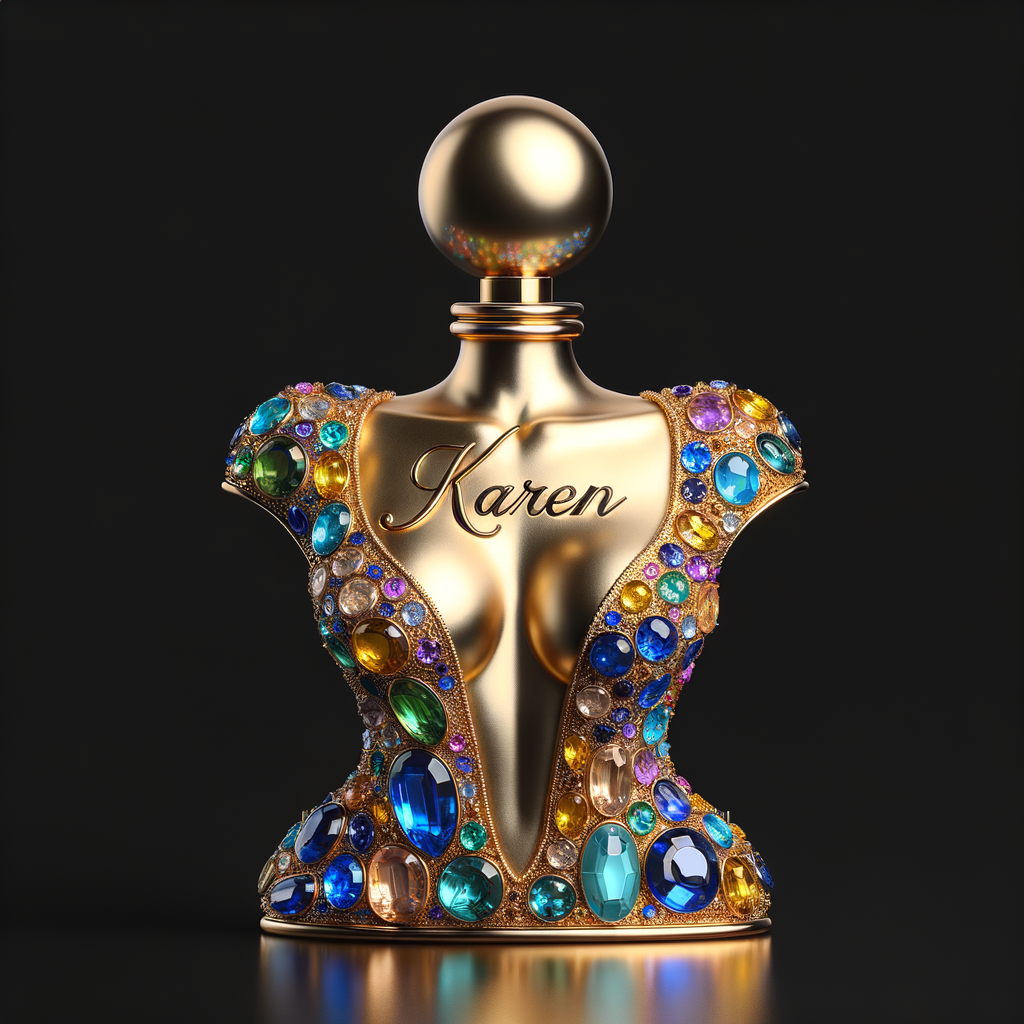 Create a 3-D realistic gold and  blue, colorful jewels perfume bottle
In the shape of a women’s body with the name Karen