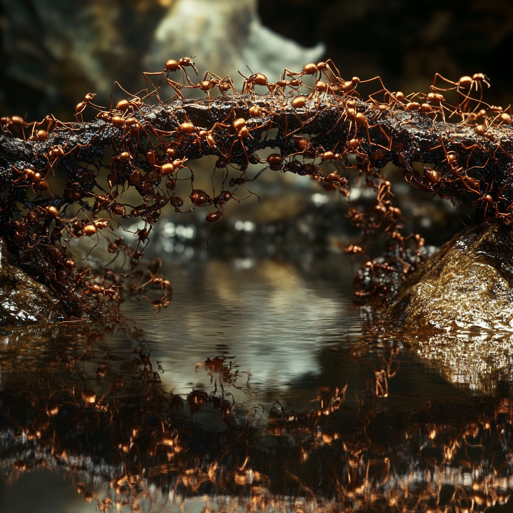 Generate an image depicting a chain of ants forming a living bridge across a stream, showcasing the intricacy of their interlocking bodies and reflecting the water's surface below.