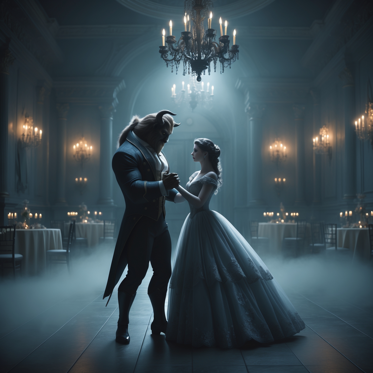 Beauty and the beast dancing in a ballroom surrounded by ghostly fog. Hyper expose. Ultra-detailed. The image should feature dark, surreal elements, and errie aesthetics, ultra-realistic style, 8K, C4D rendering, OC rendering,HDR,with a close-up picture,masterpiece, perfect composition and lighting