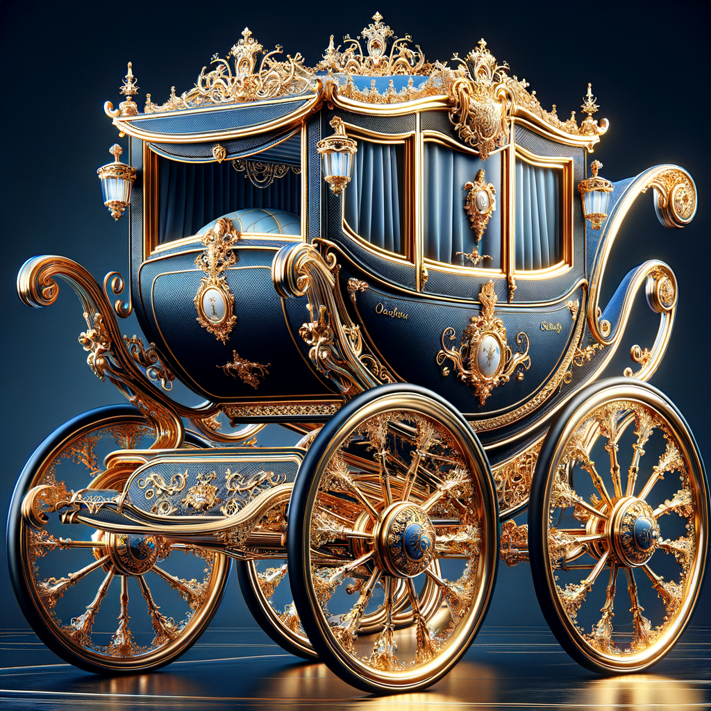 "Design an elaborate baby carriage fit for royalty, with an elegant royal blue body and shimmering gold details. The carriage features exquisite golden ornamentation, with wheels that are masterpieces of craftsmanship, adorned with intricate lace-like filigree patterns. On the side panel of the carriage, the name 'Karen' is inscribed in an ornate, golden script that matches the opulence of the vehicle. The interior is visible, lined with a luxurious material that invites one to sit in comfort and style. The overall design exudes a sense of grandeur and fairytale magic, as if it has rolled out of a storybook page."