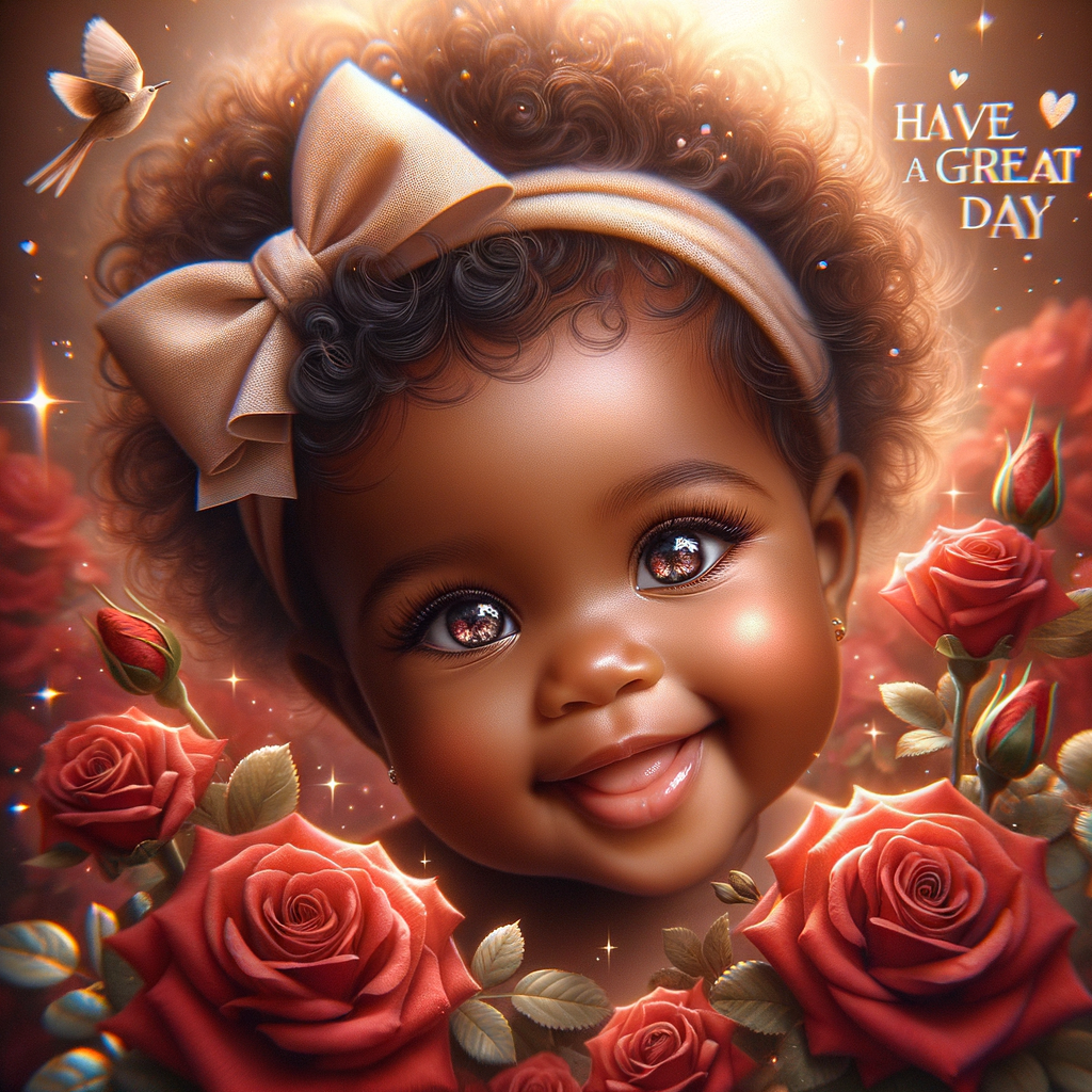 Create a vibrant and joyful image featuring an Light skin, African-American adorable baby with a captivating smile and sparkling eyes, exuding happiness and innocence. The baby wears a delicate headband with a graceful bow, suggesting a touch of elegance. Surrounding the baby are rich, red roses in full bloom, symbolizing love and beauty. The image radiates positivity and warmth, further enhanced by an overlay of magical sparkles and a message that reads "Have A Great Day" in cheerful, bold font. This composition should feel like a heartwarming greeting, perfect for spreading cheer and good wishes.