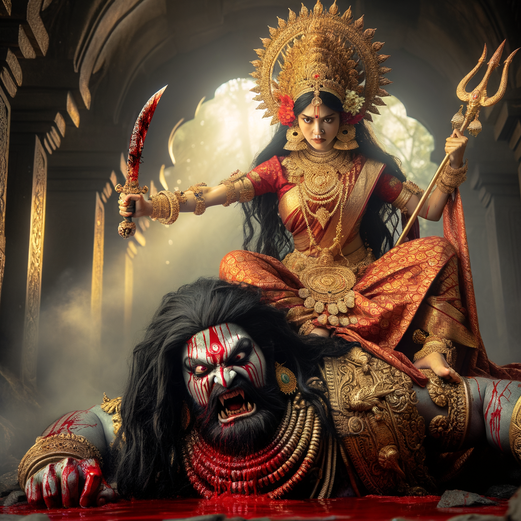 portrait of angry looking, indian goddess cosplayer straddling a defeated mahishasur, while he is lying on the ground and she stabs him with her trident. She is wearing a huge gold crown, red saree, abundant  gold jewelry, covered in blood. The scene is set in ancient India. The image is 8K resolution, cinematic, photography, ultra detailed face and epic.