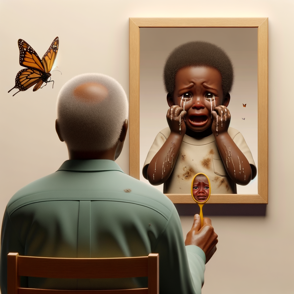 Create a 3-D realistic, adult african-American, female and male looking at themselves in the mirror but the child them has scars dirty crying and sad, with a falling butterfly