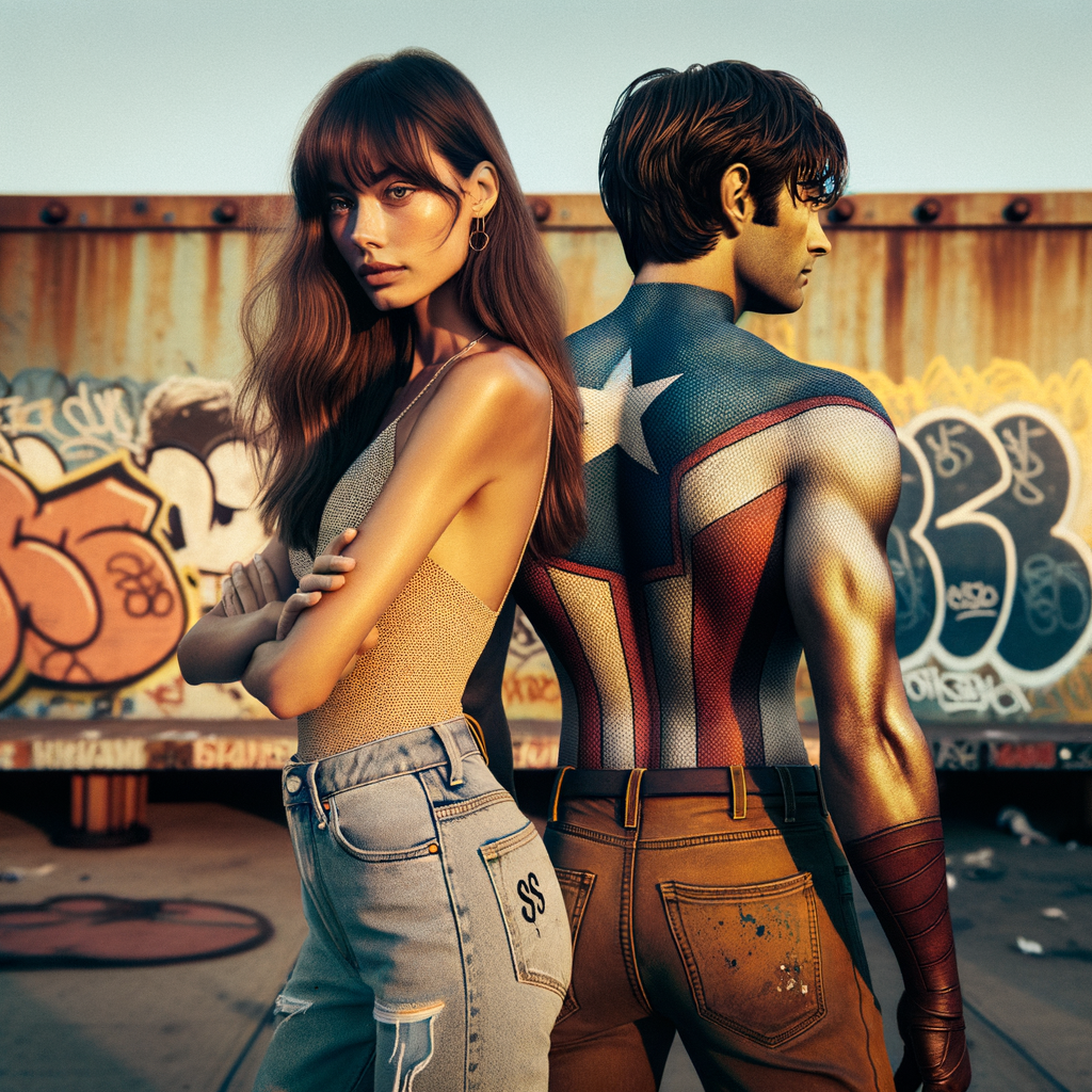 Athletic Thin skinny Attractive, Asian teenage girl, long brown hair and bangs, wearing tight skinny jeans and a halter top paint marks on her clothing, heroic pose Asian graffiti background, backside view