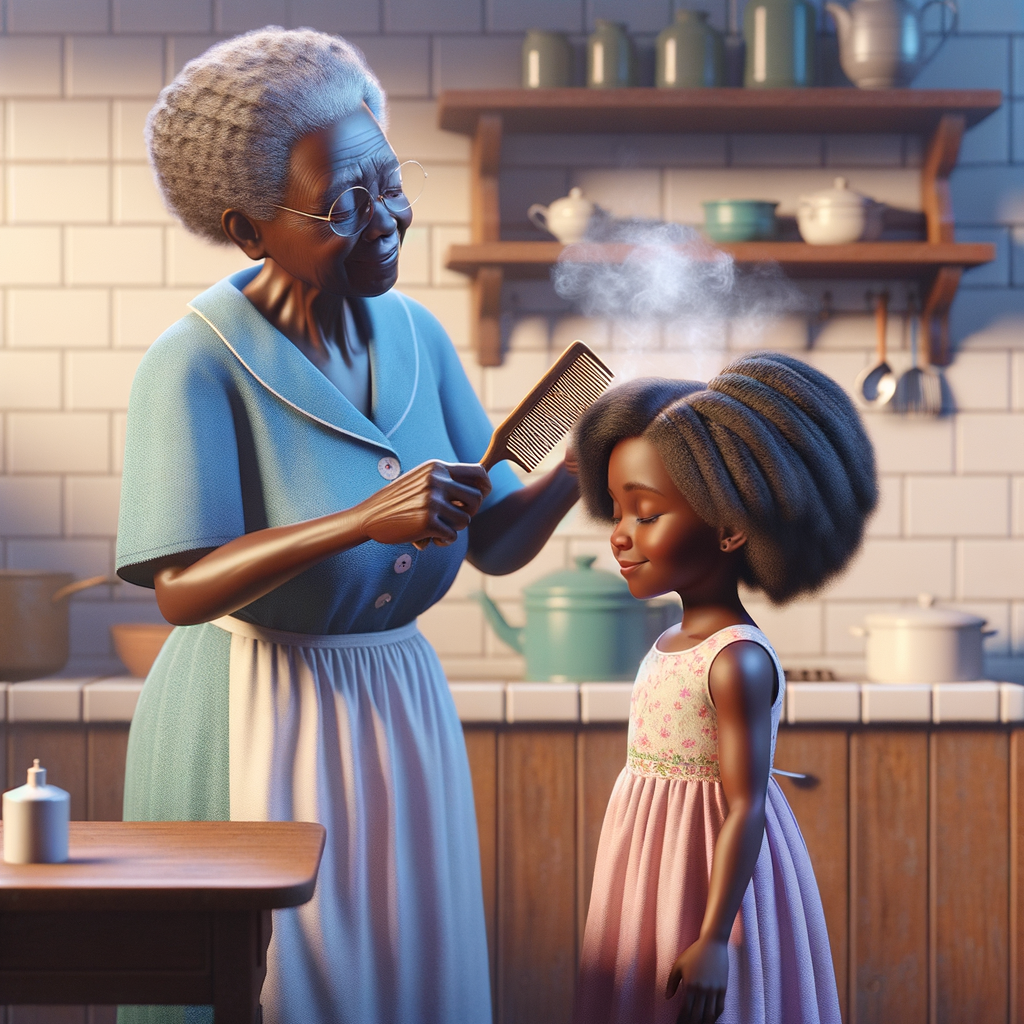 Create a realistic 3-D image of an african-American grandmother wearing a blue house dress. She is in the kitchen with her african-American granddaughter. Her granddaughter is wearing a pink dress The grandmother has a hot comb in her hand and she is straightening her granddaughters hair. One side of her granddaughters hair is in  a Afro the other straight 
There is smoke coming from the hot comb