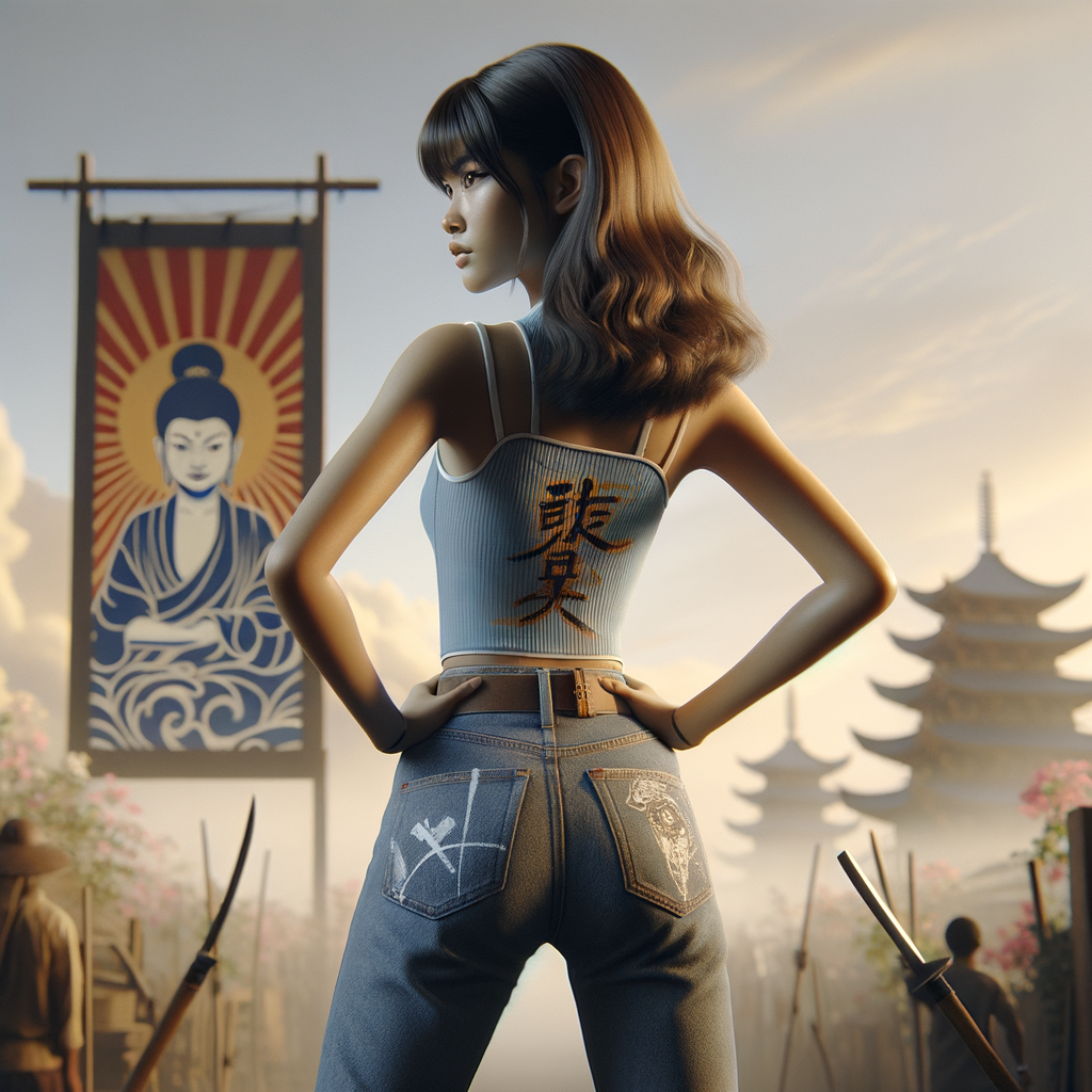 Athletic Thin skinny Attractive, Asian teenage girl, long brown hair and bangs, wearing tight skinny jeans and a halter top paint marks on her clothing, heroic pose Asian graffiti background, backside view