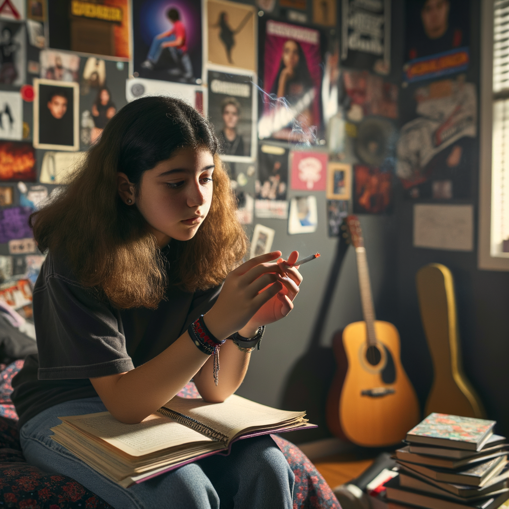 Schoolgirl smoking a cigarette in her bedroom.