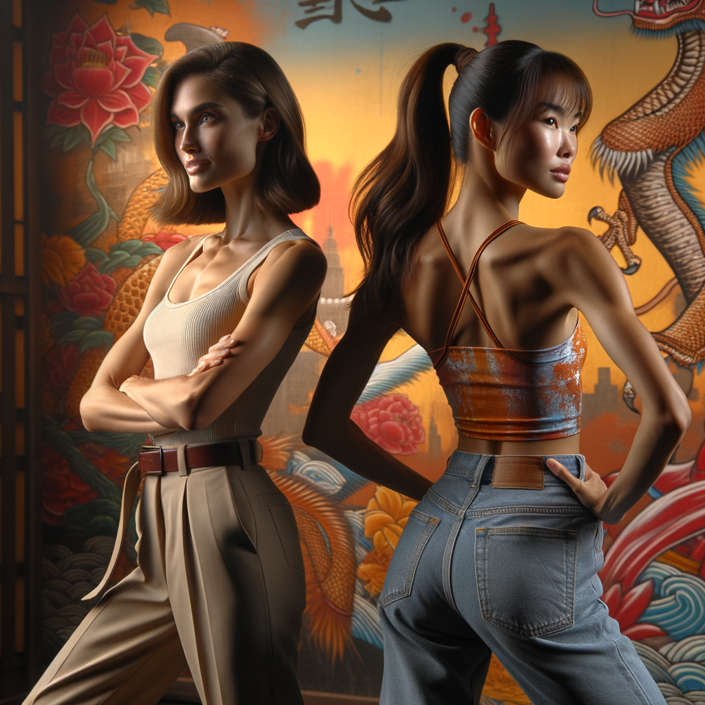 Athletic Thin skinny Attractive, Asian teenage girl, long brown hair and bangs, wearing tight skinny jeans and a halter top paint marks on her clothing, heroic pose Asian graffiti background, backside view