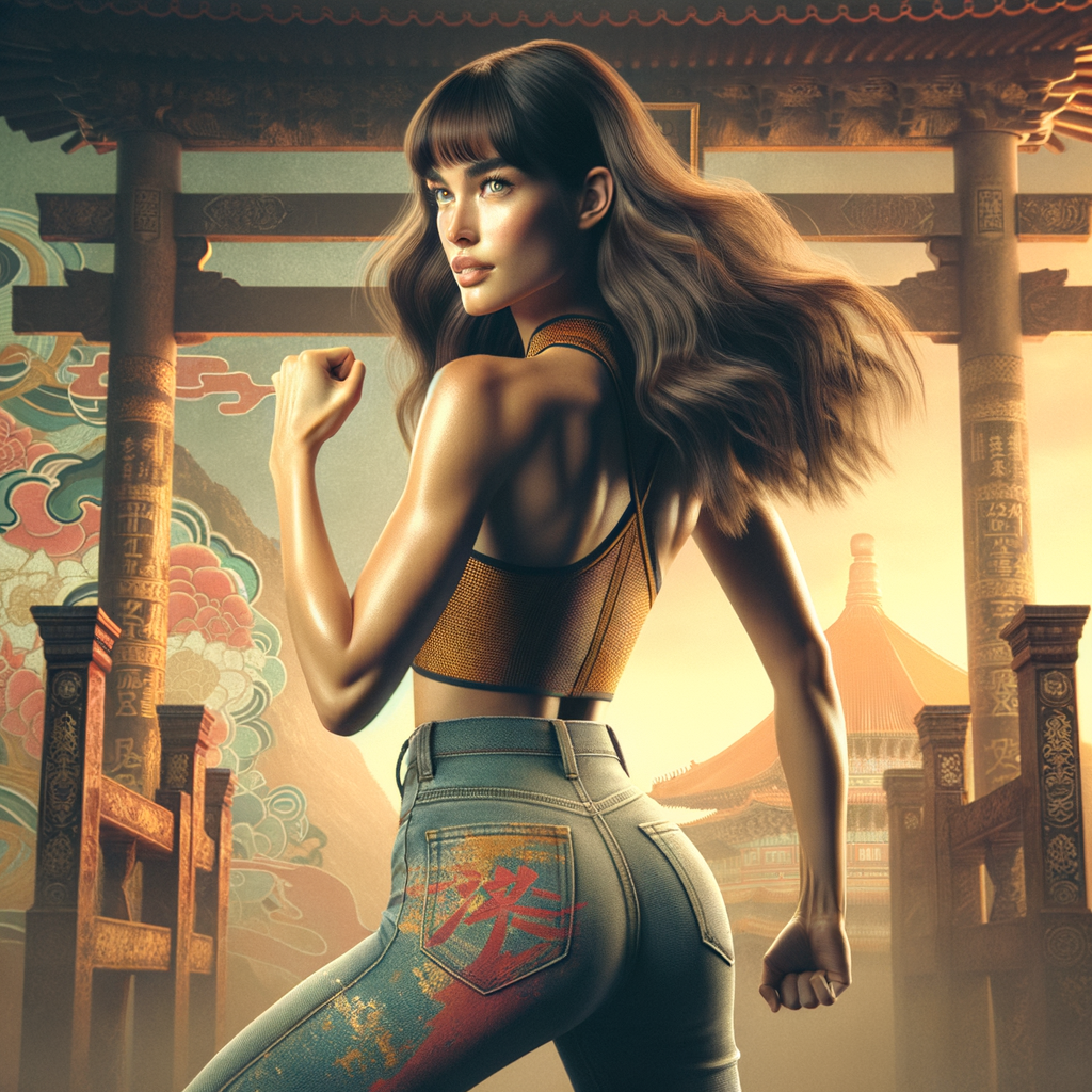 Athletic Thin skinny Attractive, Asian teenage girl, long brown hair and bangs, wearing tight skinny jeans and a halter top paint marks on her clothing, heroic pose Asian graffiti background, backside view