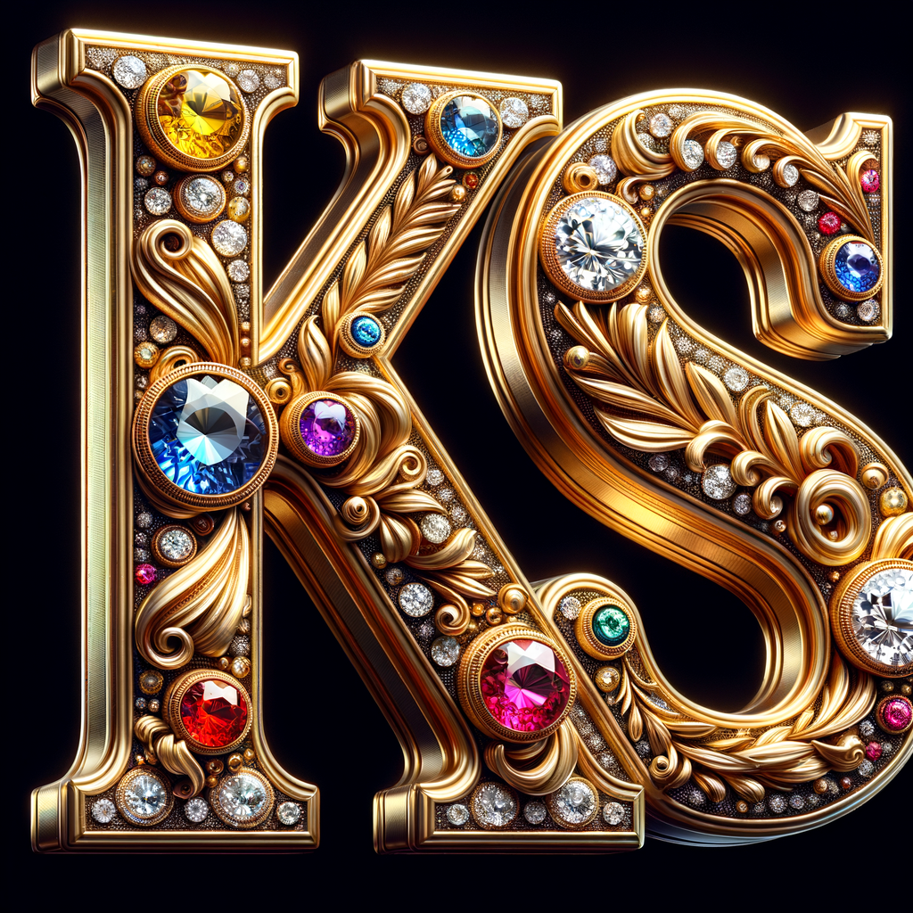 Create a 3-D realistic image with the letters  K.S. in gold raised letters , Add diamonds and colorful jewels