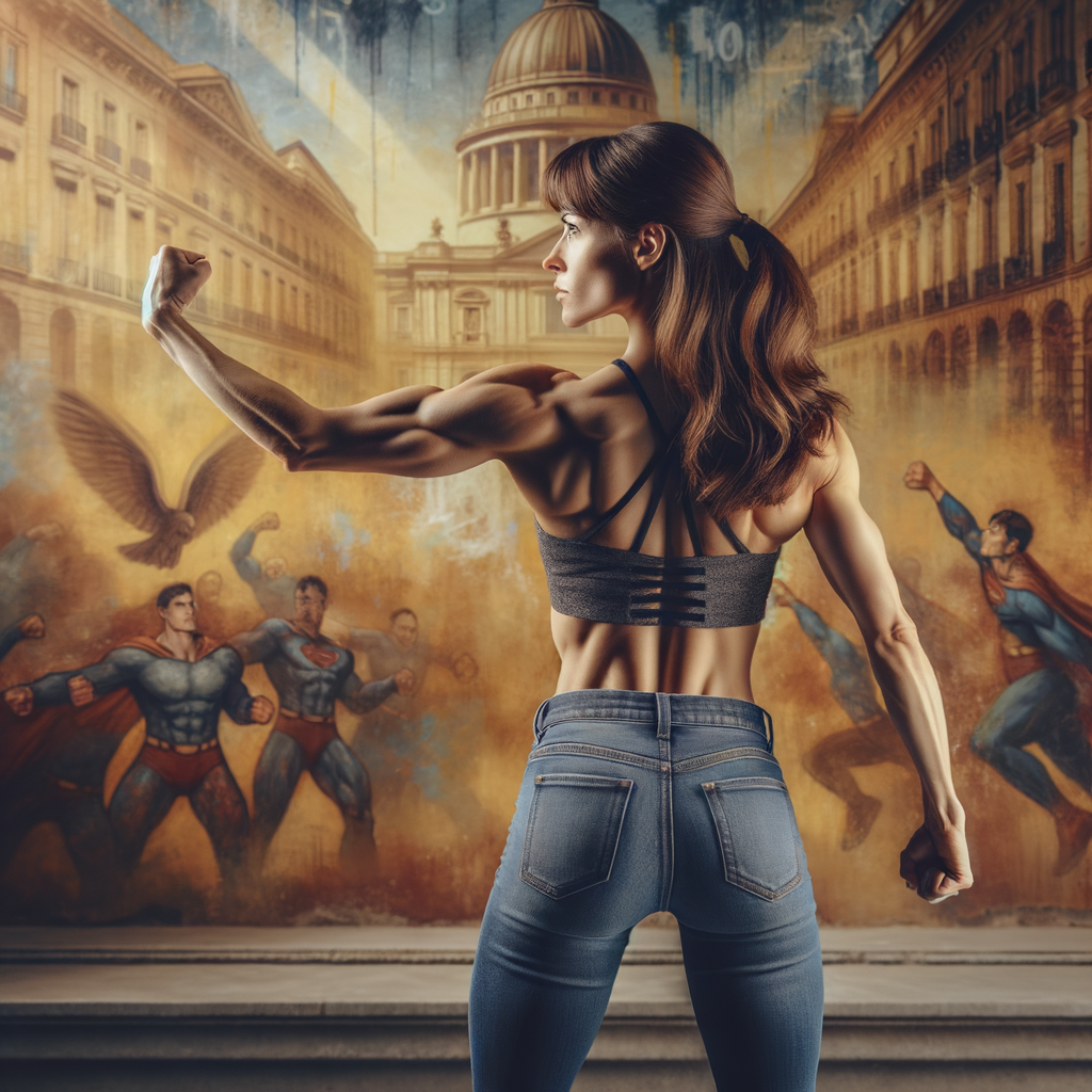 Athletic Thin skinny Attractive, Asian teenage girl, long brown hair and bangs, wearing tight skinny jeans and a halter top paint marks on her clothing, heroic pose Asian graffiti background, backside view