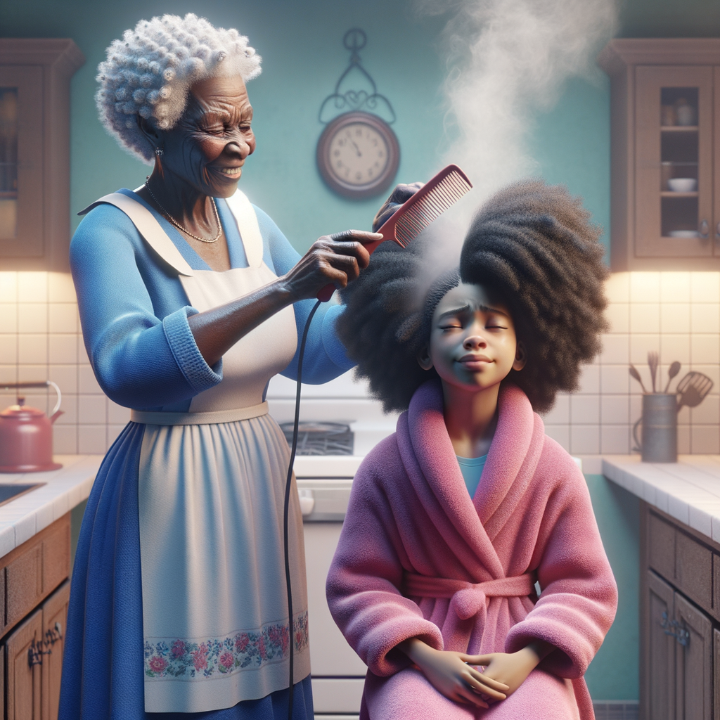 Create a realistic 3-D image of an african-American grandmother wearing a blue house dress and a white apron . She is in the kitchen with her african-American granddaughter. Her granddaughter is wearing a pink bath robe. The grandmother has a hot comb in her hand and she is straightening her granddaughters hair. One side of her granddaughters hair is in  a Afro the other straight 
There is smoke coming from the hot comb
The granddaughter is making a face