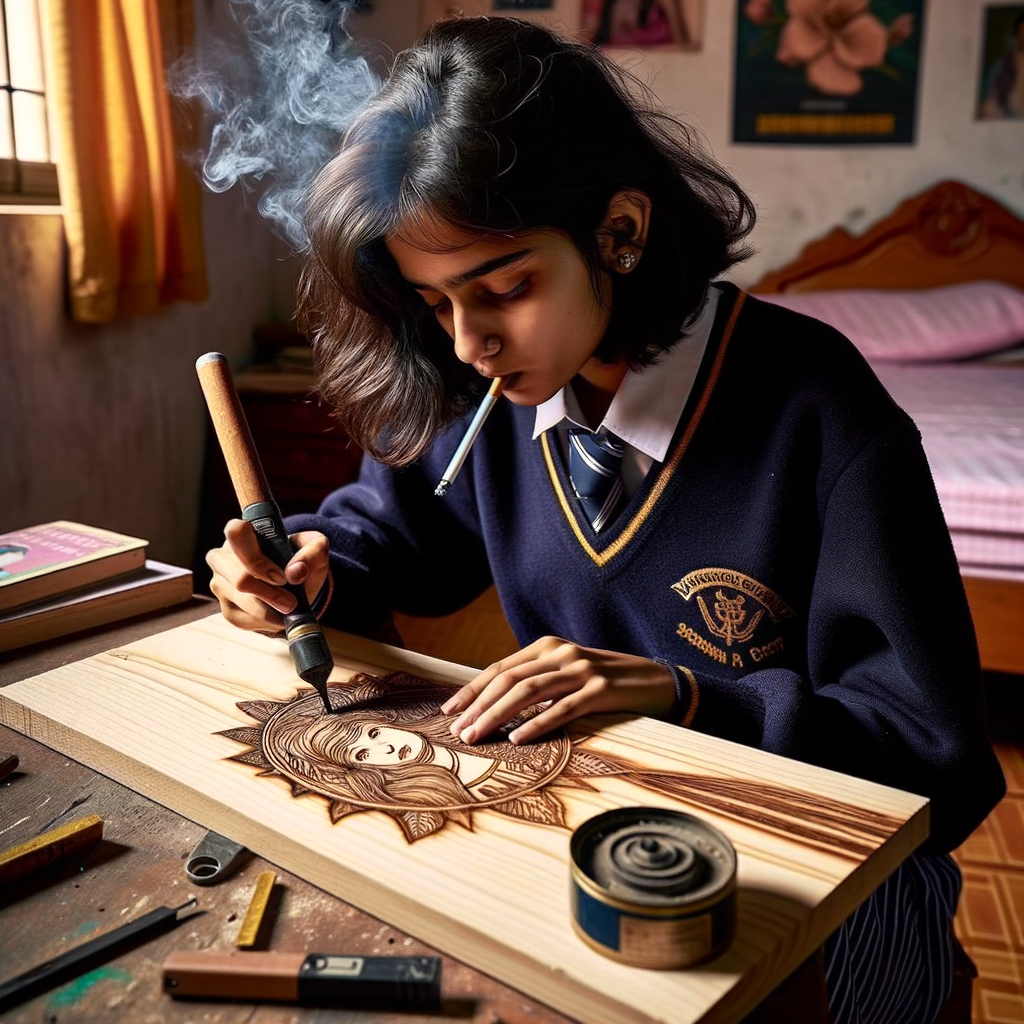 Schoolgirl smoking a cigarette in her room.