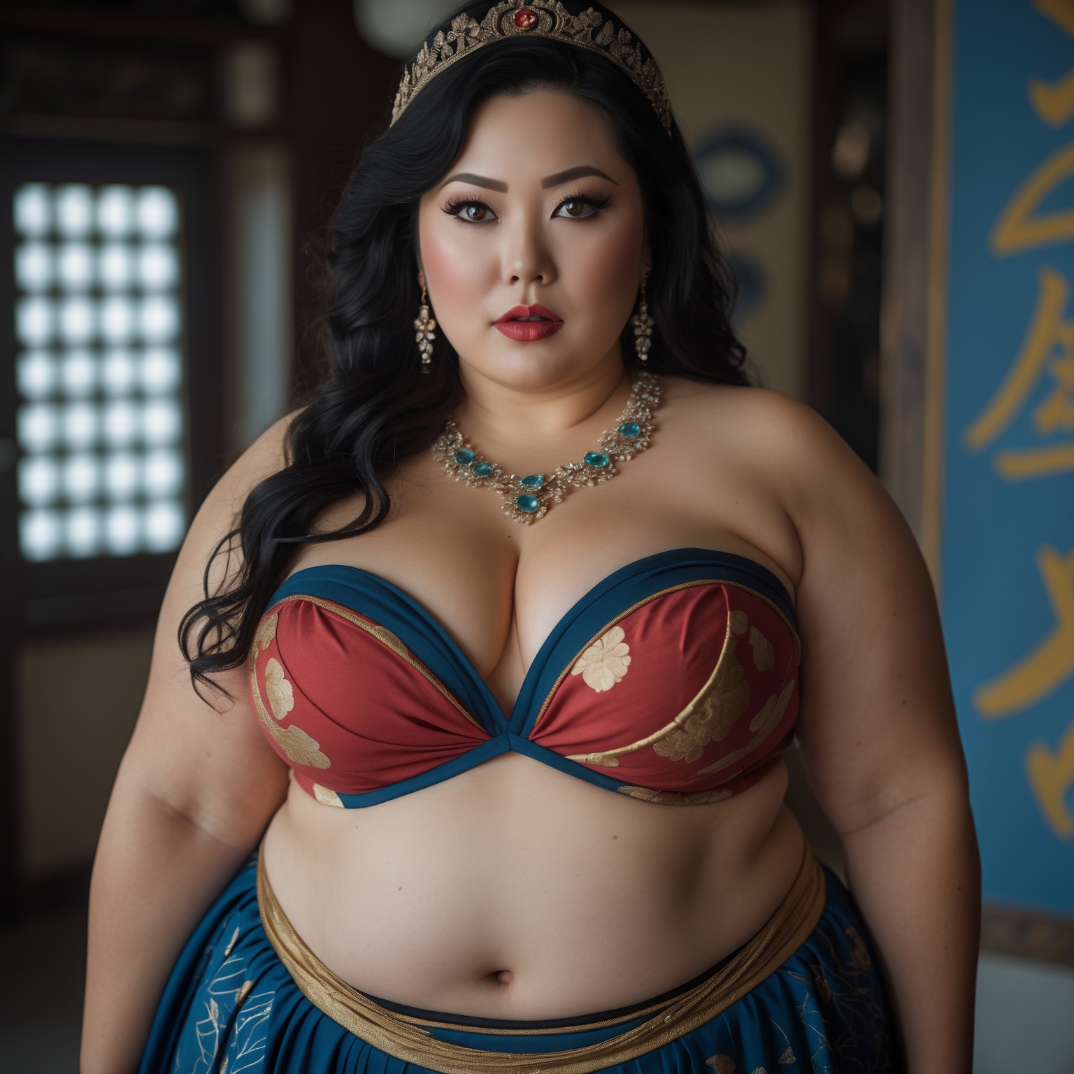 Create a curvaceous and busty woman of Ashkenazi and Japanese ancestry