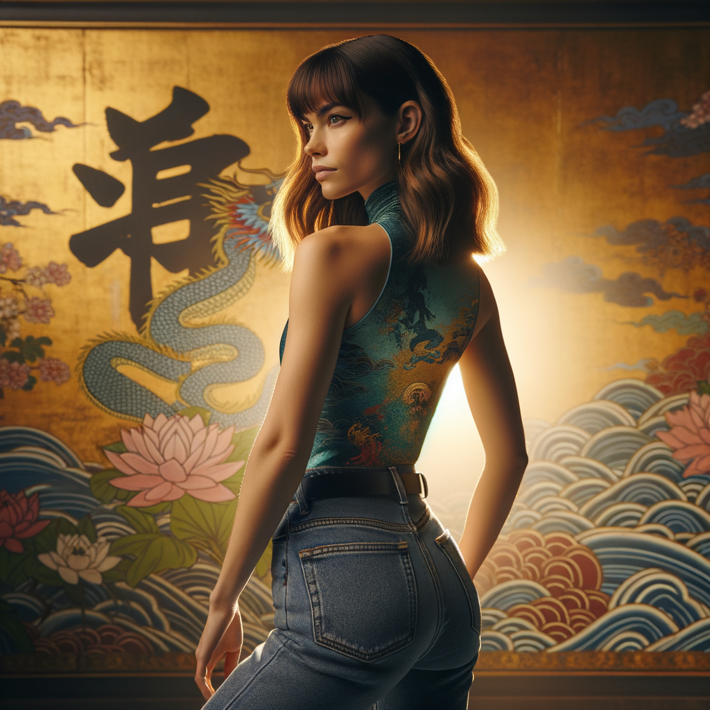 Athletic Thin skinny Attractive, Asian teenage girl, long brown hair and bangs, wearing tight skinny jeans and a halter top paint marks on her clothing, heroic pose Asian graffiti background, backside view