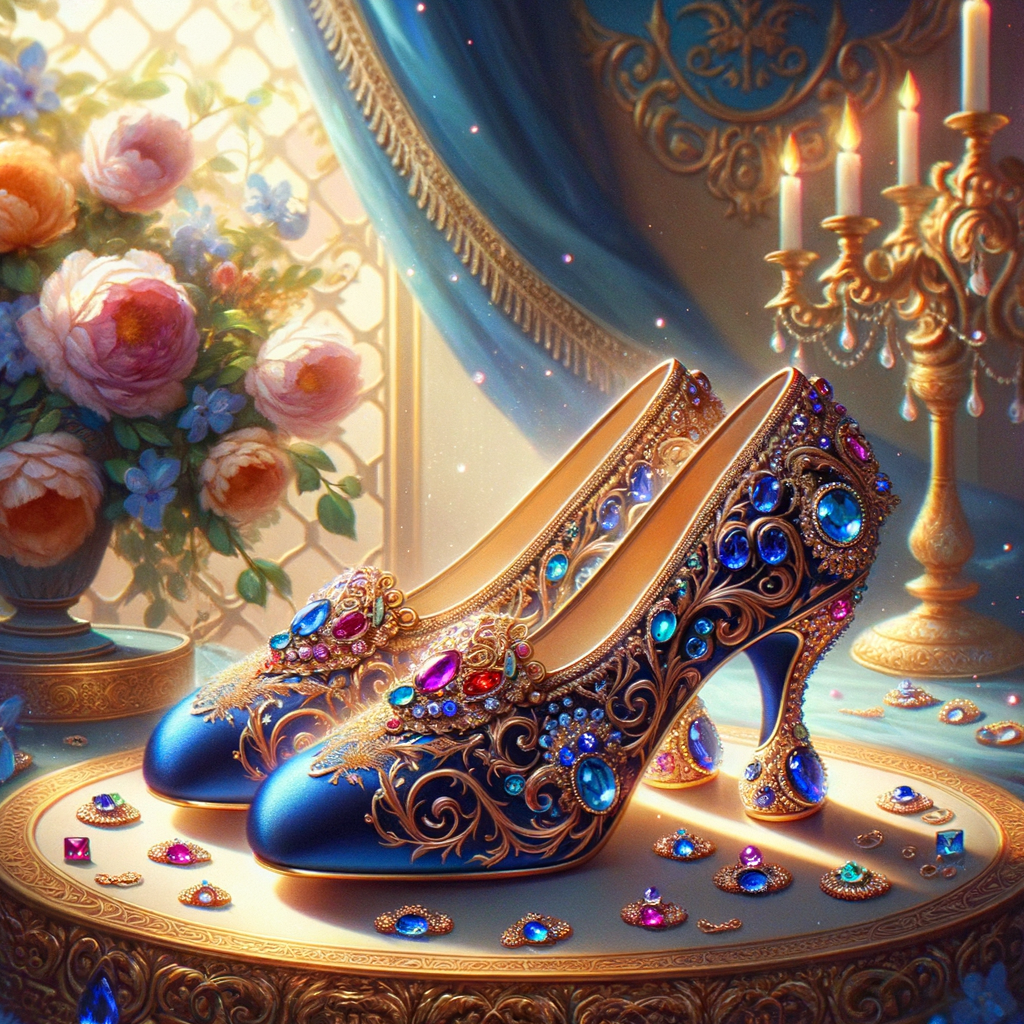 Imagine a pair of enchanting shoes, each a mirror image of the other, placed gracefully upon a regal surface. They are bathed in the soft, diffuse light that casts gentle reflections upon their silk fabric. These shoes are no ordinary footwear; they are a masterpiece of vibrant royal blue, adorned with ornate golden filigree and a multitude of glittering jewels in various hues—rubies, sapphires, emeralds, and delicate pink diamonds. Each shoe boasts an elegant, curved heel in a matching vivid blue, with tiny red and blue gems accenting the base. The shoes are positioned against a backdrop of soft-focus flowers, their pastel colors complementing the rich tones of the shoes, with hints of gold framing providing a touch of opulence. This image captures the essence of a fairy tale brought to life, a visual symphony of color and splendor.