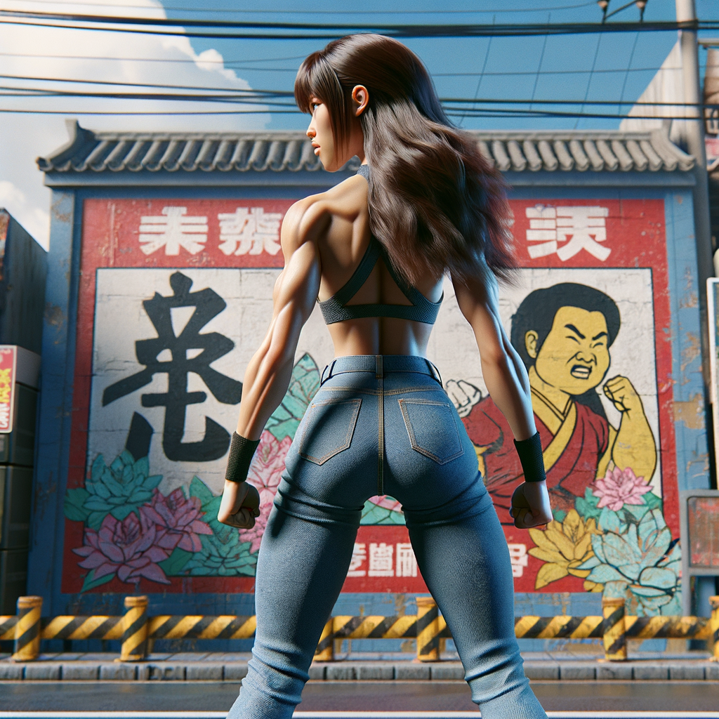 Athletic Thin skinny Attractive, Asian teenage girl, long brown hair and bangs, wearing tight skinny jeans and a halter top paint marks on her clothing, heroic pose Asian graffiti background, backside view