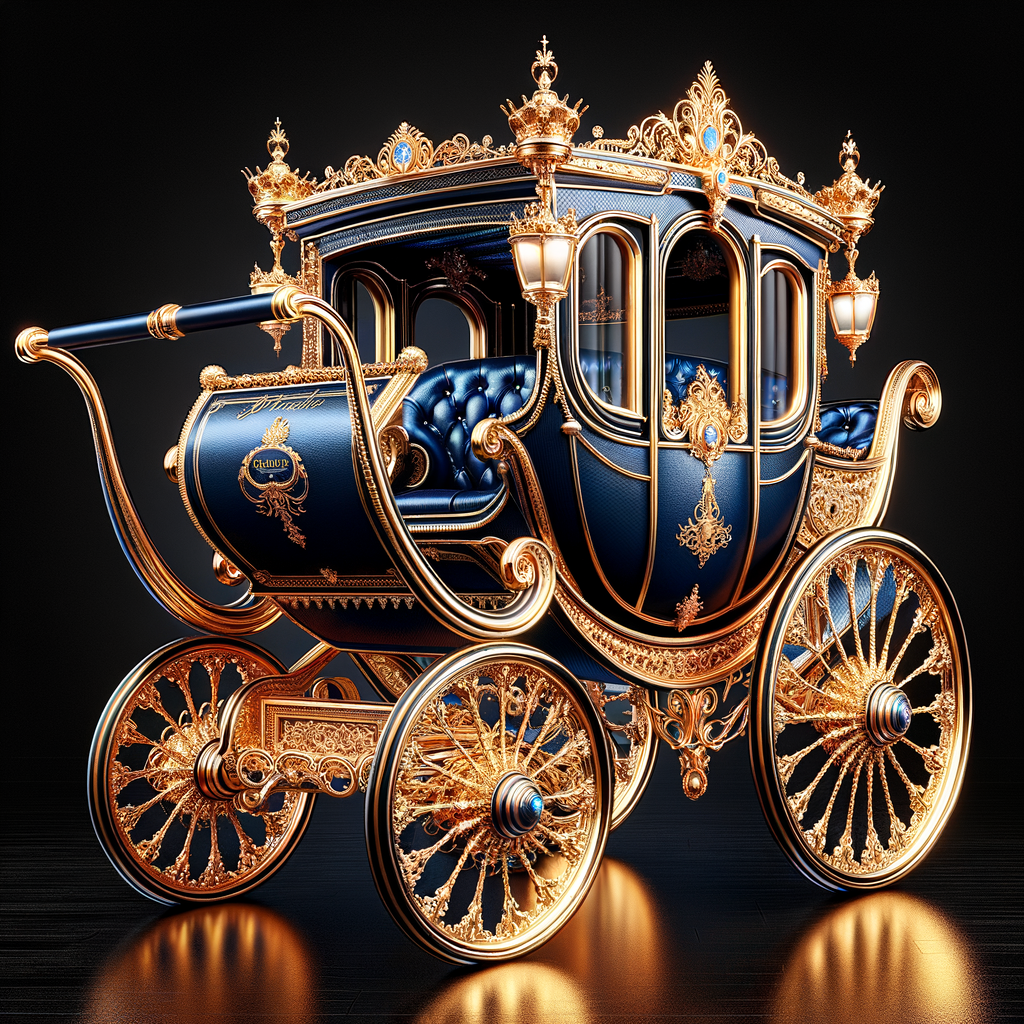 "Design an elaborate baby carriage fit for royalty, with an elegant royal blue body and shimmering gold details. The carriage features exquisite golden ornamentation, with wheels that are masterpieces of craftsmanship, adorned with intricate lace-like filigree patterns. On the side panel of the carriage, the name 'Karen' is inscribed in an ornate, golden script that matches the opulence of the vehicle. The interior is visible, lined with a luxurious material that invites one to sit in comfort and style. The overall design exudes a sense of grandeur and fairytale magic, as if it has rolled out of a storybook page."