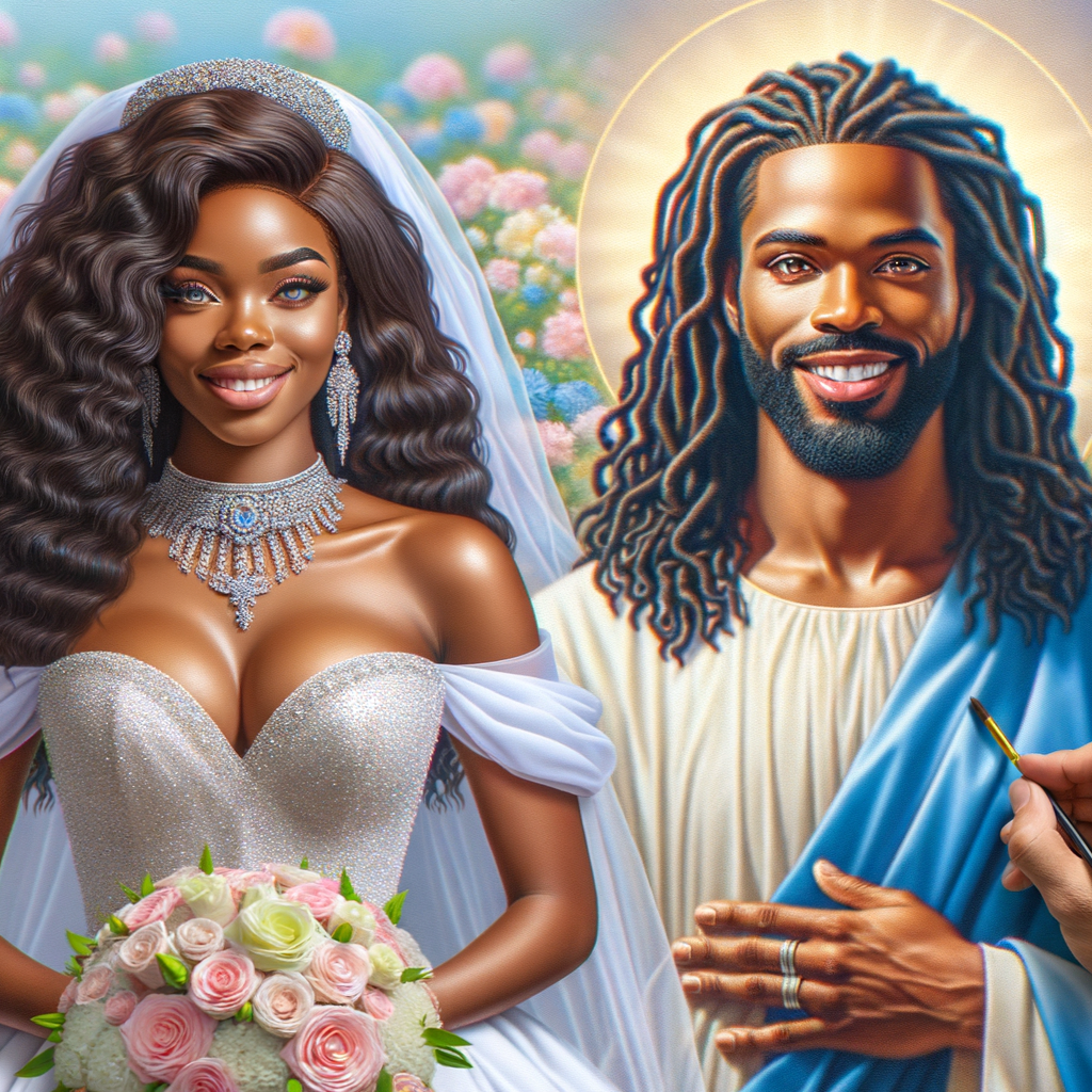 Create a 3-D realistic oil, painting of a beautiful African-American bride. She has long flooring, wavy hair and her gown has beautiful jewels around the neckline. in the background there is a beautiful African-American Jesus Christ with long dreadlocks, and he is smiling. He is very handsome pastel flowers throughout the image.