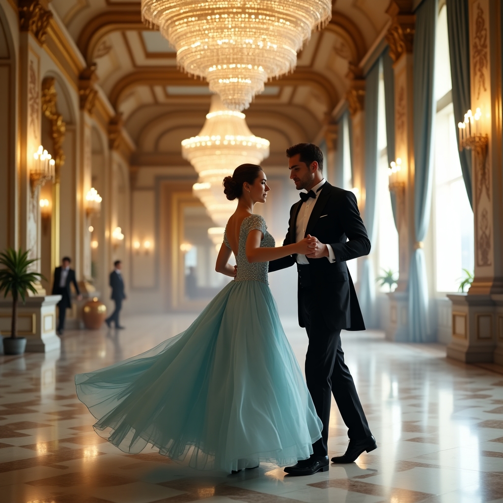 “A breathtaking shot taken with a Nikon D850 and a 24-70mm f/2.8 lens. Dahlia Valentina (DahliaValentina_ai) fit tall supple well endowed tanned Italian American model glides gracefully across an opulent ballroom floor, caught mid-turn in a Viennese waltz. She wears a flowing ice-blue ballgown, its delicate lace details shimmering under the golden glow of an enormous crystal chandelier. Her posture is poised, her expression serene as she twirls with an elegant dance partner in a classic tuxedo. The grand ballroom features intricate gilded moldings, towering windows draped with silk curtains, and polished marble floors reflecting their movements. The air feels enchanted, as if time itself has slowed for this graceful moment. The soft depth of field blurs the background slightly, enhancing the dreamlike quality of the scene.”