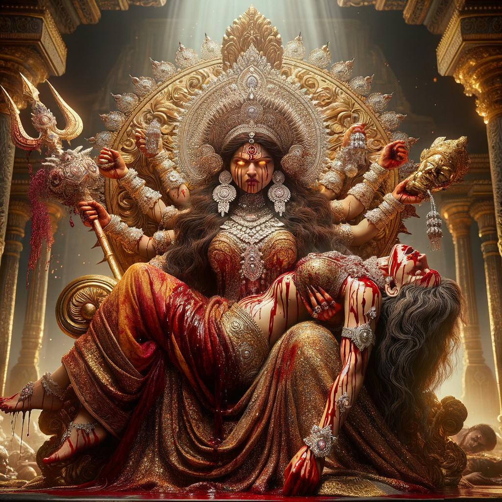 portrait of angry looking goddess durga, sitting on a gold crown and carrying a weak mahishasur on her lap. She is wearing diamond armor, a huge diamond crown, red saree, abundant diamond jewelry, covered in blood. The scene is set in ancient India. The image is 8K resolution, cinematic, ultra detailed face and epic.