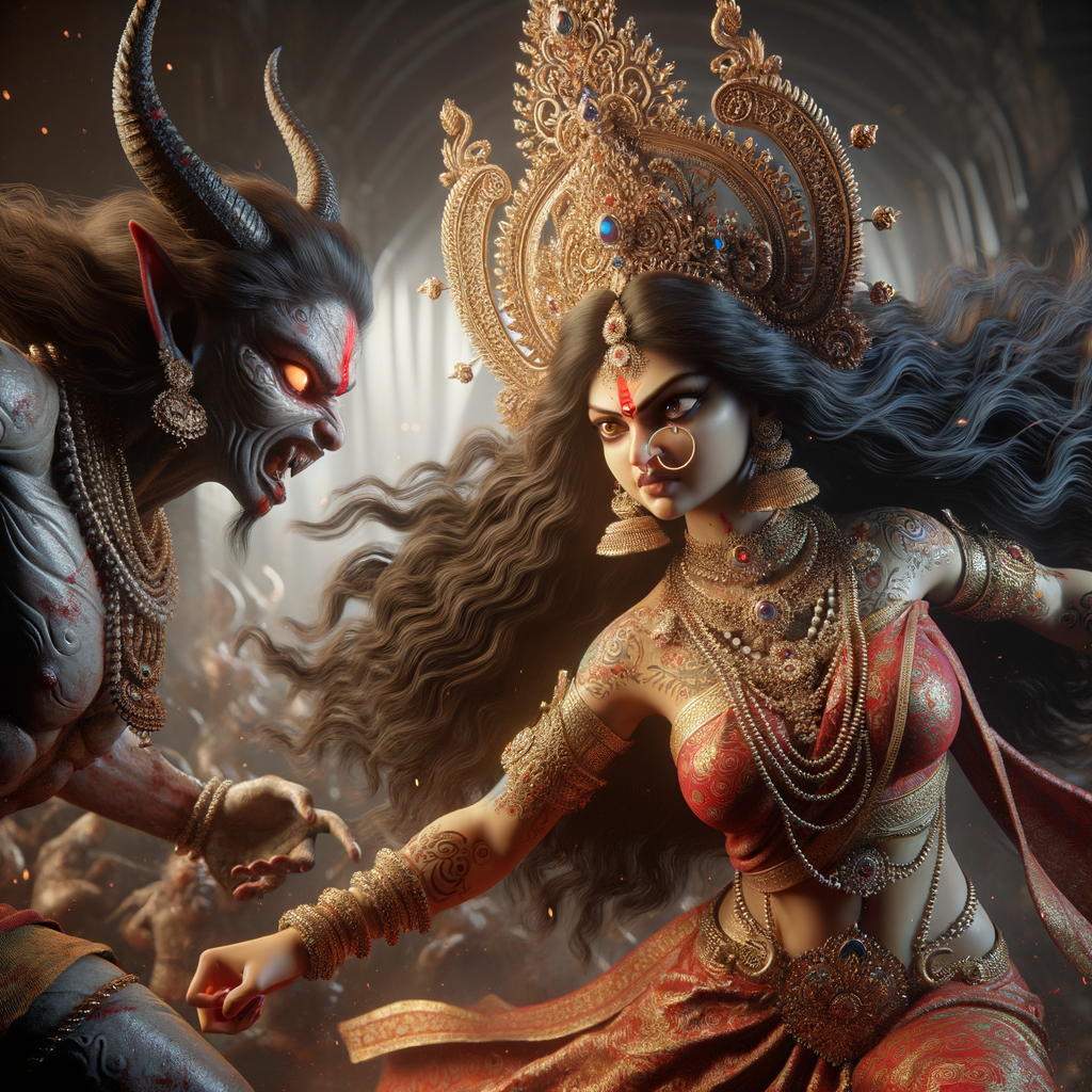 create a High-resolution hyper realistic full-body image of gorgeous and angry goddess durga slaying mahishasur. intricately detailed depiction of a goddess. gold jewelry all over body. sharp nose, light skin, beautiful brown eyes, wavy black hair, red lips, slim body, red clothing, muscled limbs, ultra detailed body. uhd, hdr, 64k, epic scene.