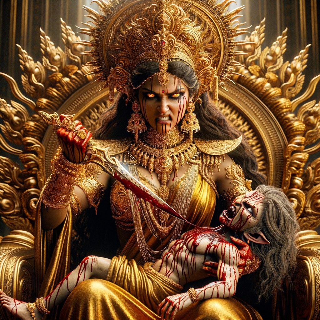 portrait of angry looking goddess durga sitting on a gold crown and carrying a weak mahishasur on her lap and stabbing him with her amazingly long fingernails. She is wearing gold armor, a huge gold crown, gold saree, abundant  gold jewelry, covered in blood. The scene is set in ancient India. The image is 8K resolution, photography, cinematic, ultra detailed face and epic