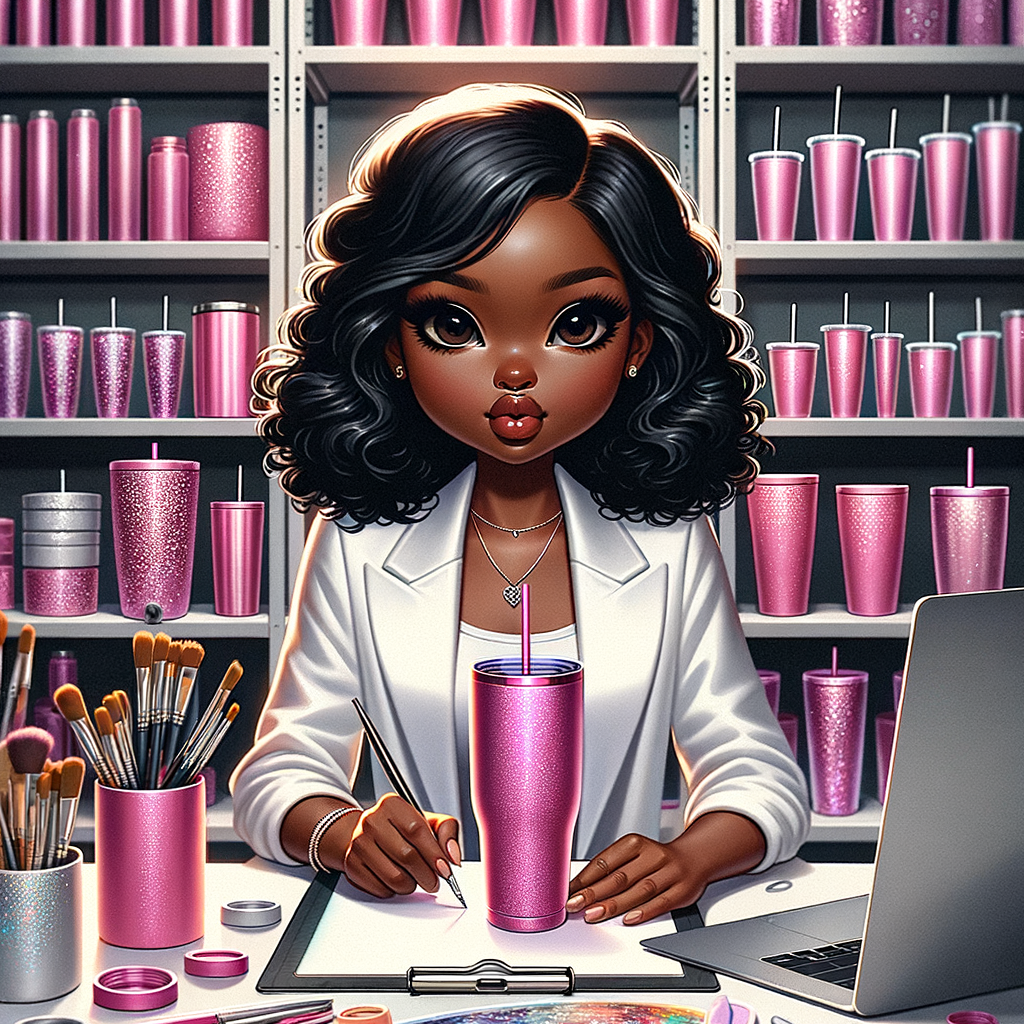 Certainly! Here's a remixed version of your prompt:

"Craft a digital painting with a square layout, highlighting a chibi-like, curvaceous African American craftswoman with striking eyes and full lips, poised at her sleek white workstation. Her workshop exudes a contemporary minimalistic vibe. She's attired in an elegant white designer blazer paired with denim, diligently customizing a vivid hot pink tumbler, her collection's standout. Her workspace is a model of organization, displaying a laptop with tumbler design software, an assortment of craft tools, and a vibrant series of tumblers ready for sale. Shelves brimming with tumbler-making supplies and completed creations frame her, illustrating her dedication to her art. The digital airbrush style captures the shimmer and intricate reflections of the tumblers, casting a warm hot pink glow throughout the scene."