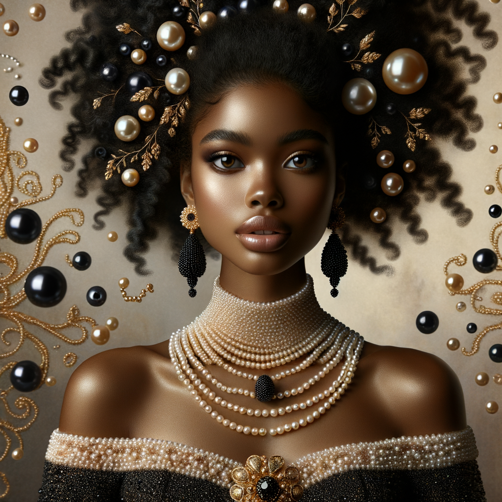 Imagine a digital portrait of a light skinned African-American Latino regal woman named KAREN Her attire and accessories are exclusively adorned with black and gold pearls. They grace her voluminous hair, styled in an elegant updo, where the black pearls form the roots and the gold pearls create the stunning curls. Her ears boast chandelier earrings, with black pearls clustered at the top, transitioning to gold pearls that dangle with delicate grace. Around her neck, a tiered necklace cascades with strands of alternating black and gold pearls, reflecting a sophisticated contrast.

Her shoulders are draped with a luxurious off-shoulder gown, the fabric's weave incorporating intricate patterns formed by black and gold pearls. The gown's texture has a subtle sheen, suggesting a high-quality material with a pearlescent finish. As a centerpiece, a grand brooch sits at her collar, with a large gold pearl surrounded by an elaborate design of smaller black pearls.

The background of the portrait features an abstract composition of floating pearls, swirling in a dance of shadows and light, emphasizing the color theme of black and gold. The name "KAREN" is discreetly integrated into the lower right corner of the artwork, blending seamlessly with the design, as if it were a signature part of the jewelry ensemble. The overall effect is one of timeless elegance, a blend of modern design and classic beauty, all tied together by the luxurious palette of black and gold.