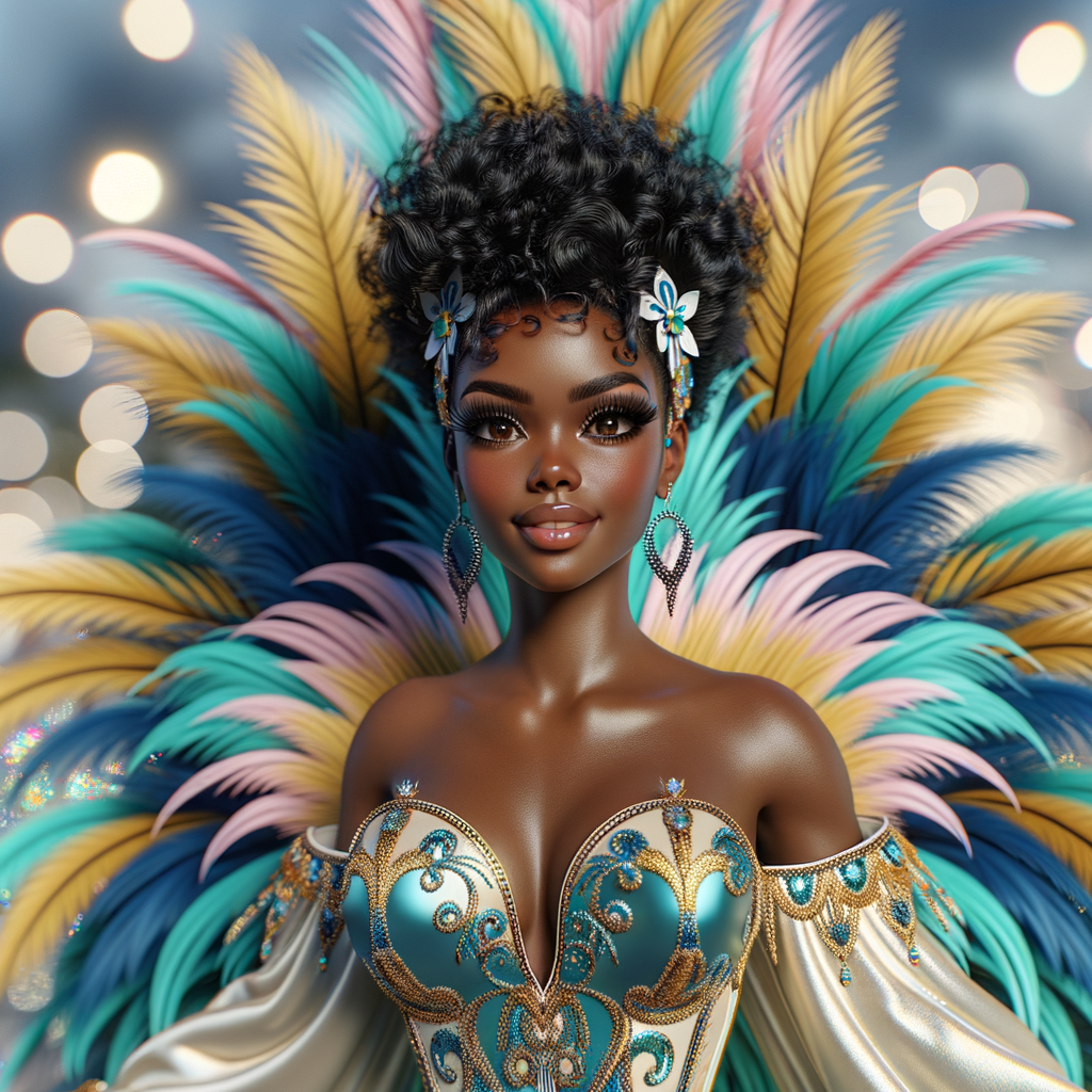 Create a 3-D  vivid full-body view of a colorful glossy hyper-realistic oil painting of a detailed illustration full length photo single image of a beautiful African-American caramel skinned woman plus sized, with long, black, wavy hair, her make up is airbrushed and flawless, she is dressed in a white, teal and yellow large, elaborate, elegant, very detailed carnival costume with colorful African-American pink, blue, gold yellow green feathers, flawless makeup, prominent lashes, black peep toe heels, white pixie hair, background bokeh, she is stunning and smiling, digital art.