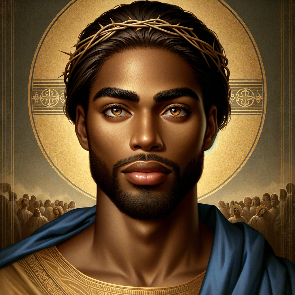 Create handsome African-American, Jesus, with Hazel Brown eyes wearing a blue and gold robe