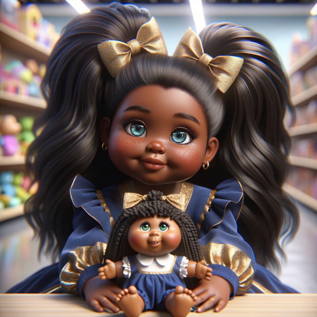 Create a 3-D image of an african-American little girl inside of a medium size, toy store. The little girl has thick long, ponytails and huge blue eyes. She has on a gold and blue jumpsuit with matching bows, She is playing with her favorite african-American cabbage patch doll, the doll has deep, dimples, and freckles and looks just like her