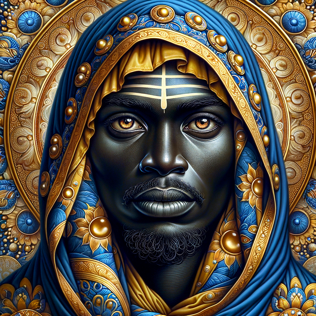 Create a beautiful African-American Jesus Christ with Hazel, brown eyes and blue and gold robe