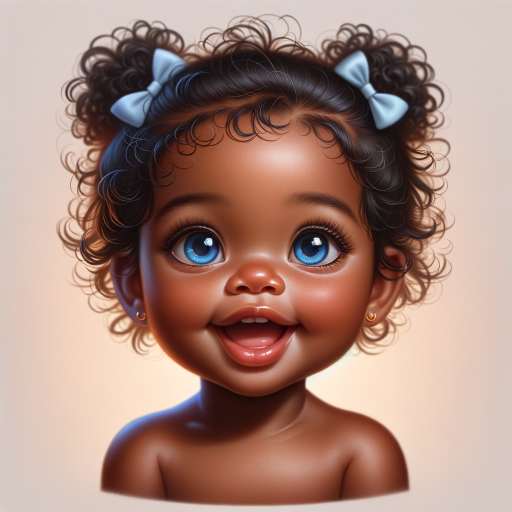 "Create a digital portrait of an adorable african-American baby girl with a joyful expression. Her big, bright blue eyes are wide with wonder, and her tiny mouth is shaped in a happy grin. Her skin has a warm, honey-brown tone, and she has an abundance of curly black hair, playfully tied up with light blue bows. The background is soft and neutral to keep the focus on her delightful features. The portrait should be vibrant and heartwarming, celebrating the innocence and charm of childhood."