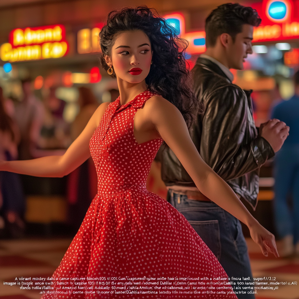 “A vibrant mid-century dance hall scene captured with a Canon EOS R5 and a 50mm f/1.2 lens. the image is focused on Dahlia Valentina fit tall supple well endowed tanned Italian American model (DahliaValentina_ai) stands in the center of a 1950s rockabilly dance, spinning in a bright red polka-dot dress with a fitted bodice and a flared skirt that lifts as she twirls. Her long wavy black hair is tied up with a matching headscarf, and she wears classic cat-eye eyeliner with a bold red lip. She dances with a charming partner dressed in a leather jacket and cuffed jeans, both caught mid-motion in a lively jitterbug step. The neon signs glow behind them, casting warm reflections on the checkered dance floor. The energy of the crowd, jukebox music, and the flickering of retro diner lights add to the nostalgic atmosphere. The composition follows dynamic angles, emphasizing movement and vintage allure.”