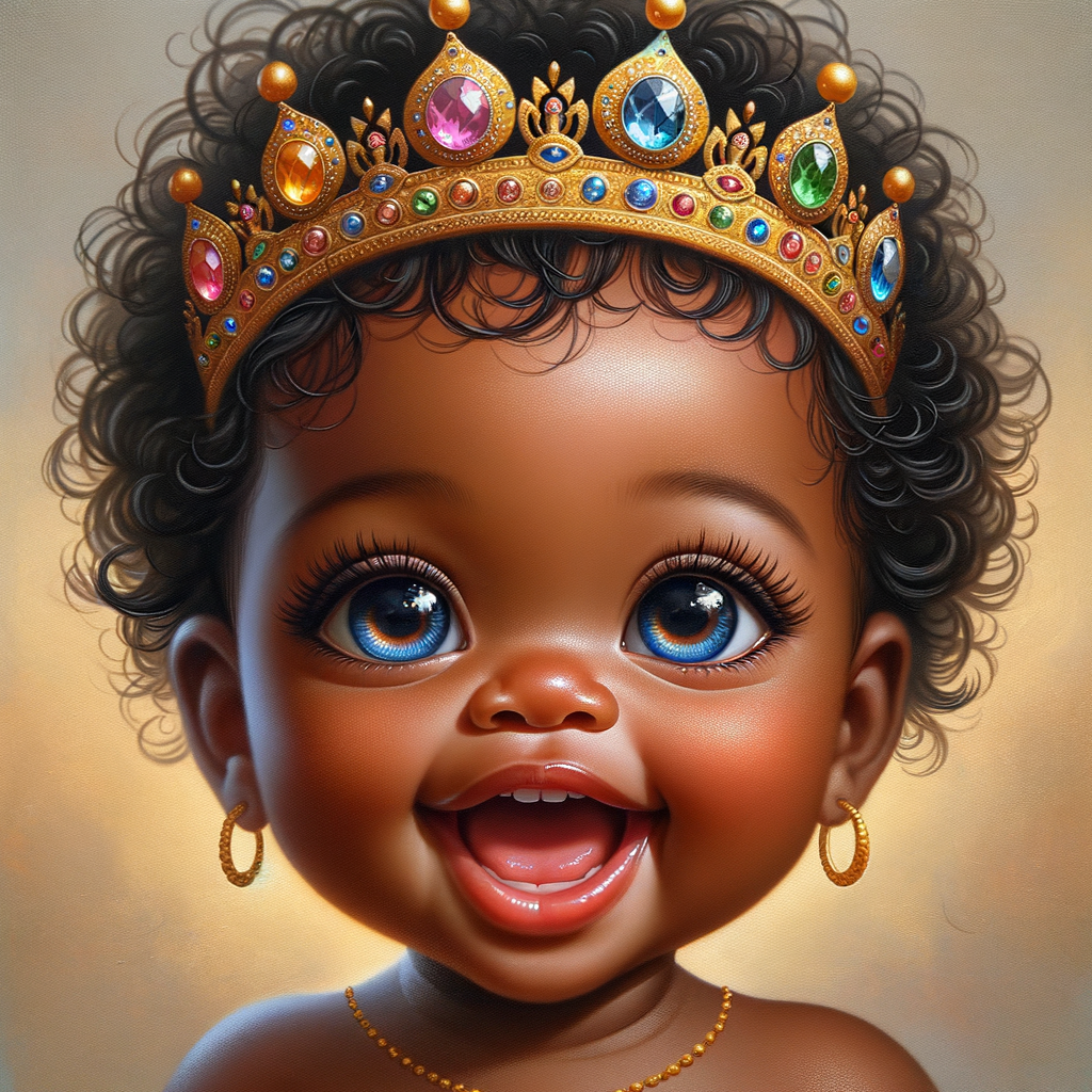 "Create a digital portrait of an adorable african-American baby girl with a joyful expression. She is wearing a gold crown with colorful jewels. Her big, bright blue eyes are wide with wonder, and her tiny mouth is shaped in a happy grin. Her skin has a warm, honey-brown tone, and she has an abundance of thick curly black hair, The background is soft and neutral to keep the focus on her delightful features. The portrait should be vibrant and heartwarming, celebrating the innocence and charm of childhood."