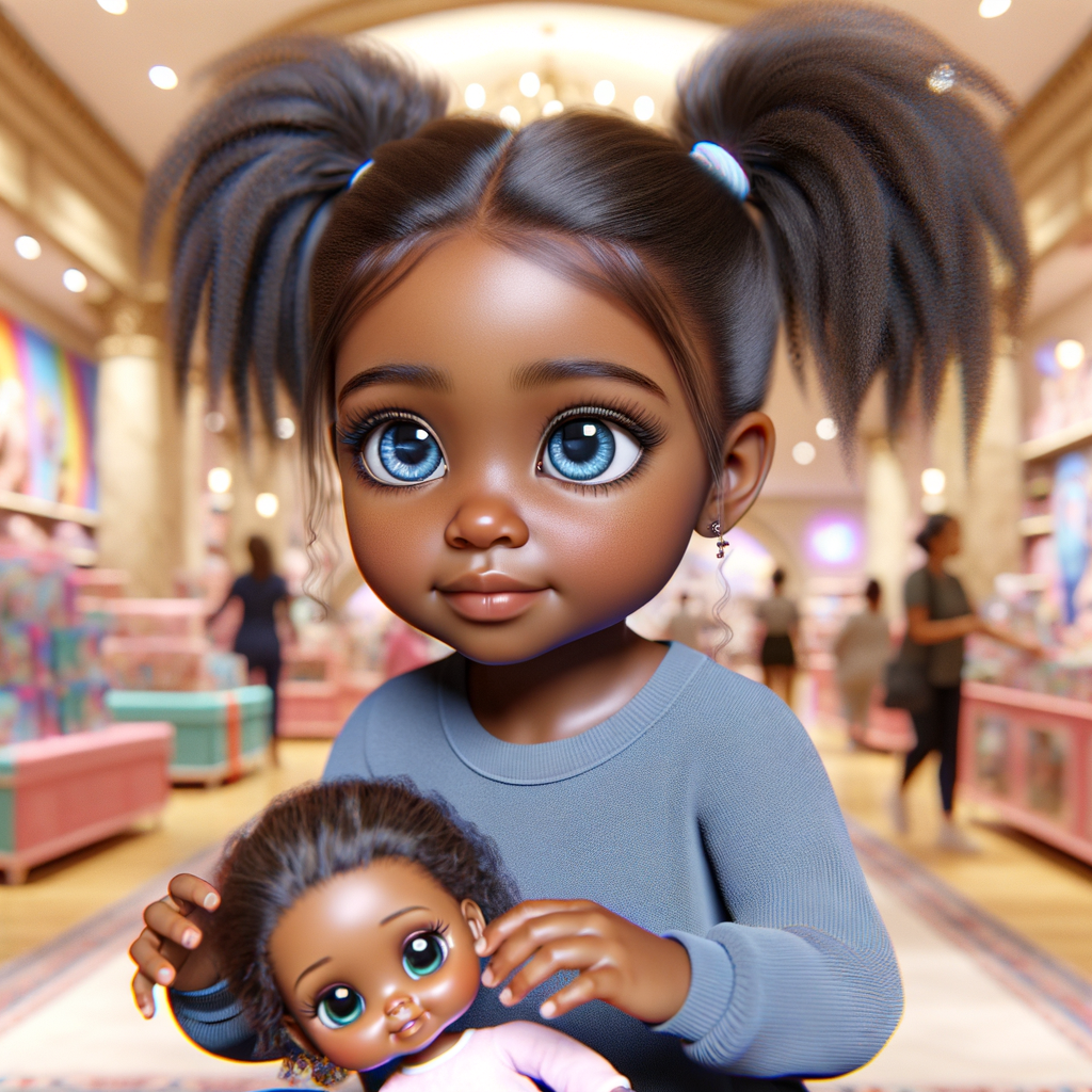 Create a 3-D image of an african-American, little girl inside of a very large toy store. The little girl has thick, ponytails and huge blue eyes. She is playing with her favorite doll, the doll is