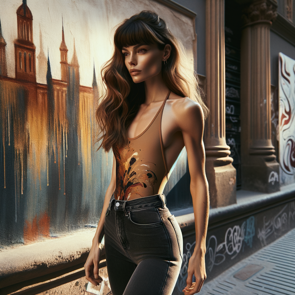 Athletic Thin skinny Attractive, Asian teenage girl, long brown hair and bangs, wearing tight skinny jeans and a halter top paint marks on her clothing, heroic pose Asian graffiti background, side view