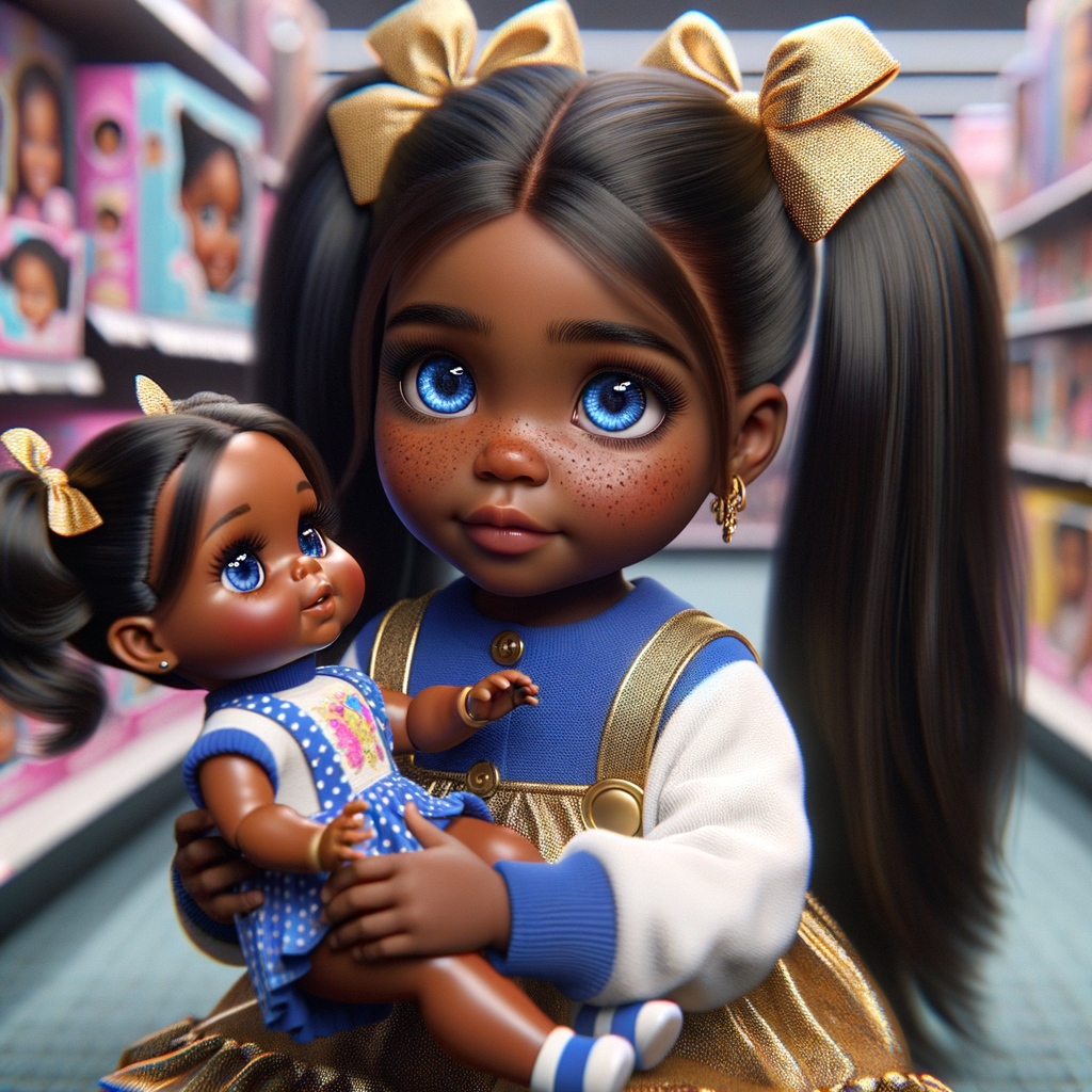 Create a 3-D image of an african-American little girl inside of a medium size, toy store. The little girl has thick long, ponytails and huge blue eyes. She has on a gold and blue jumpsuit with matching bows, She is playing with her favorite african-American cabbage patch doll, the doll has deep, dimples, and freckles and looks just like her