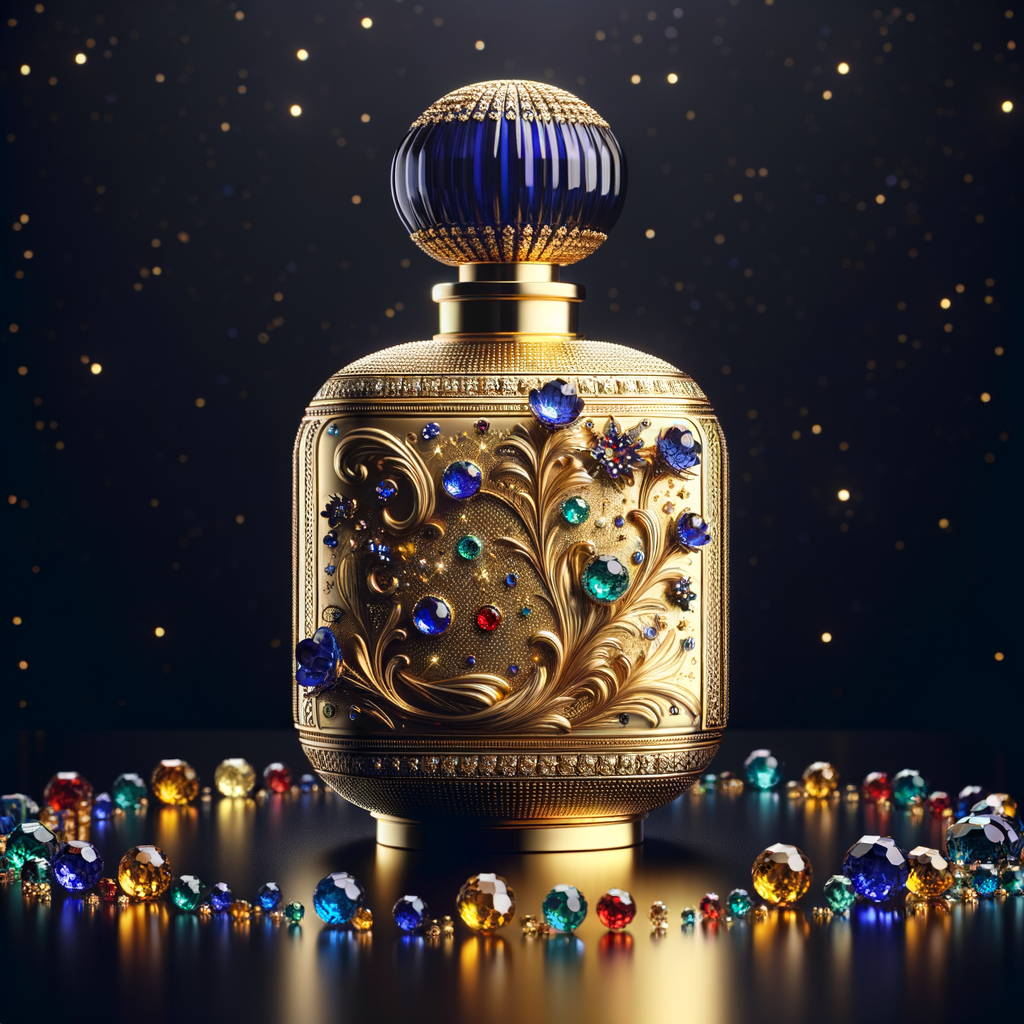 Create a 3-D realistic gold and  blue, colorful jewels perfume bottle
In the shape of a women’s body with the name Karen