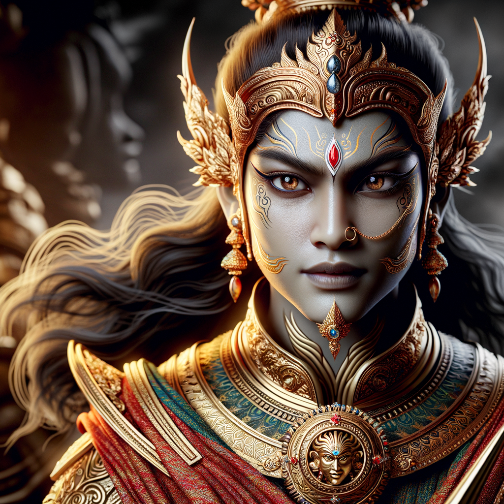 Portrait of gorgeous and angry goddess durga slaying mahishasur. intricately detailed depiction of a goddess. gold jewelry all over body. sharp nose, light skin, beautiful brown eyes, wavy black hair, red lips, slim body, red clothing, muscled limbs, ultra detailed body. uhd, hdr, 64k, epic scene. Photography