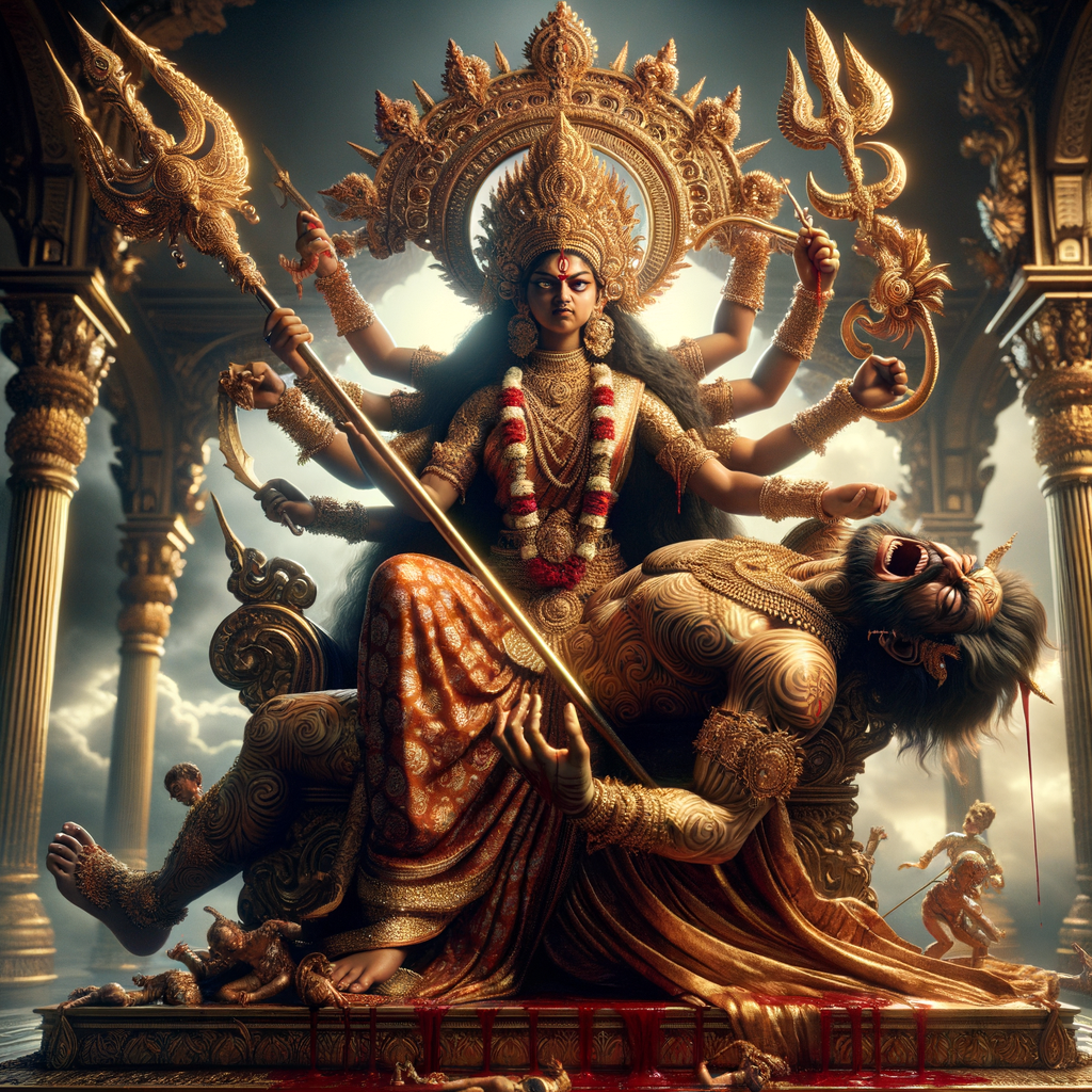 portrait of angry looking goddess durga sitting on a gold crown and carrying a weak mahishasur on her lap and stabbing him with her amazingly designed trident. She is wearing gold armor, a huge gold crown, gold saree, abundant  gold jewelry, covered in blood. The scene is set in ancient India. The image is 8K resolution, cinematic, ultra detailed face and epic.