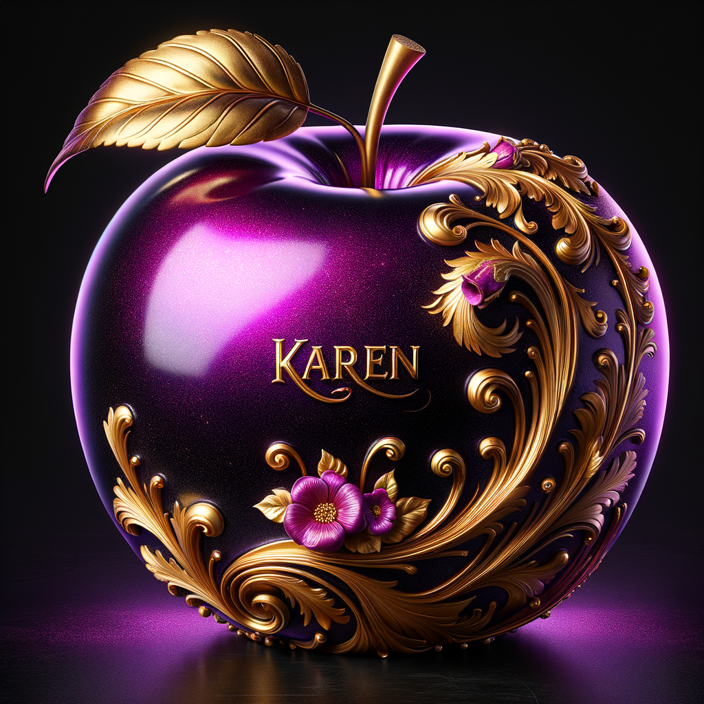 Envision a lustrous, oversized apple with a surface that gleams in a radiant shade of purple, as if lacquered to a high shine, reflecting light from its smooth, curvaceous form. The apple is adorned with elegant gold leaf patterns that swirl luxuriously around its contour, bringing a baroque opulence to its appearance. The stem, a bronzed sculpture in itself, supports a single leaf that seems to glow with an inner luminescence. At the apple’s base, a collection of flowers blooms, their petals softening the scene with organic shapes and colors that harmonize with the vibrant purple and gold. Incorporated into the metallic filigree in an artful script is the name "Karen," as if the apple were personally inscribed, enhancing the custom and bespoke quality of the piece.