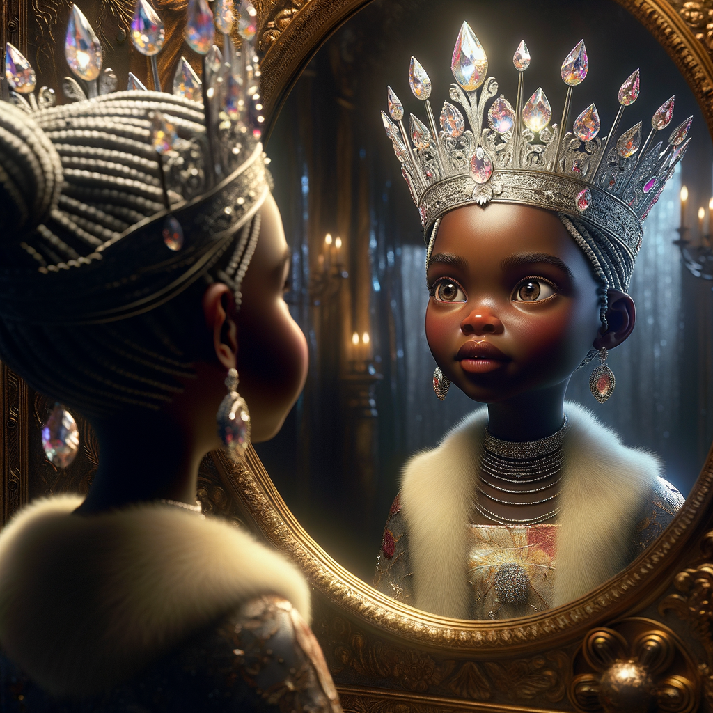 In a 3-D realistic world, a beautiful African-American child stands before a mirror. Her eyes widen as she gazes at her reflection, for the mirror reveals not just her own image but a majestic adult queen. The queen’s skin glows with regal elegance, her features exuding grace and wisdom. She wears a crown adorned with shimmering jewels, each gem reflecting the light like a thousand stars.
The child’s wonder deepens as she realizes that the queen in the mirror is none other than her future self—a powerful ruler who wears her heritage with pride. The mirror whispers secrets of destiny, urging her to embrace her potential and become the queen she sees.
And there, in this magical moment, the child and the queen share a silent pact: to honor their roots, uplift their people, and wear their crowns with unyielding strength.