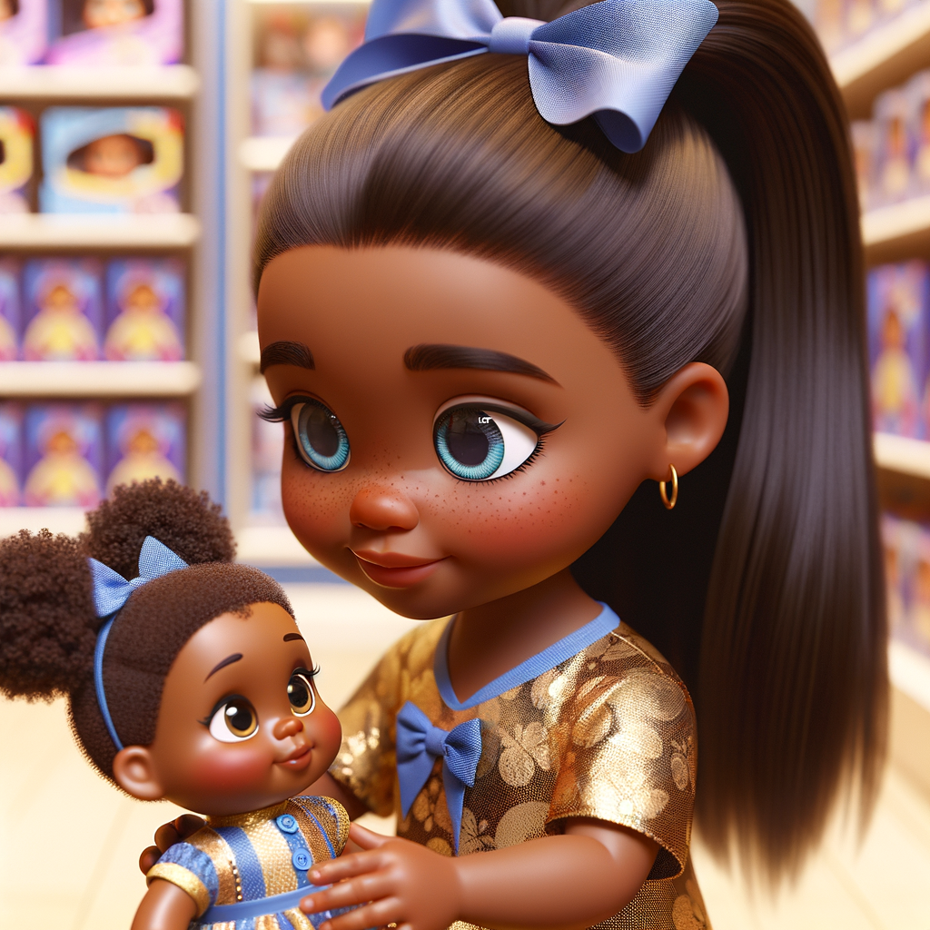 Create a 3-D image of an african-American little girl inside of a medium size, toy store. The little girl has thick long, ponytails and huge blue eyes. She has on a gold and blue jumpsuit with matching bows, She is playing with her favorite african-American cabbage patch doll, the doll has deep, dimples, and freckles and looks just like her