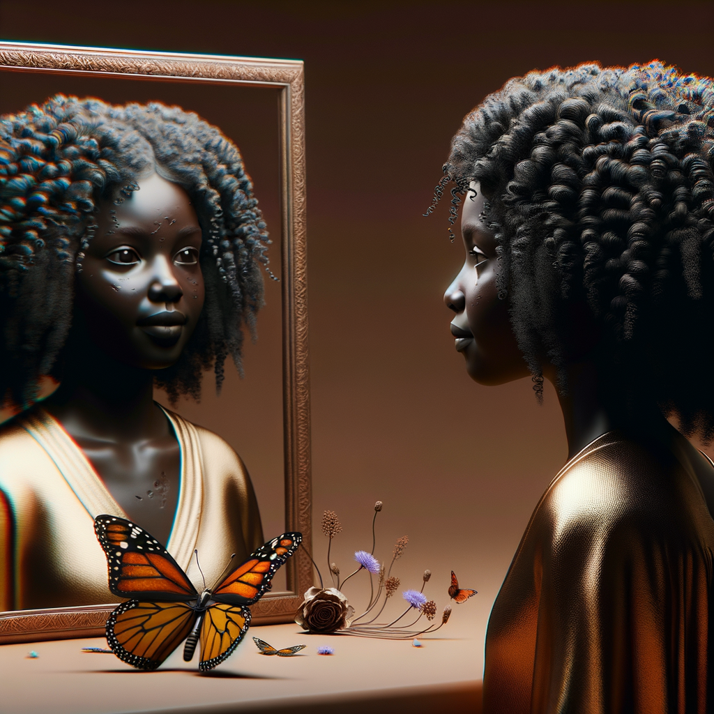 Create a 3-D realistic beautiful African-American  women with thick curly black hair
Looking at herself in the mirror, but the reflection she sees is a child, and she is no longer beautiful. She is ugly with scars. There is a fallen butterfly.