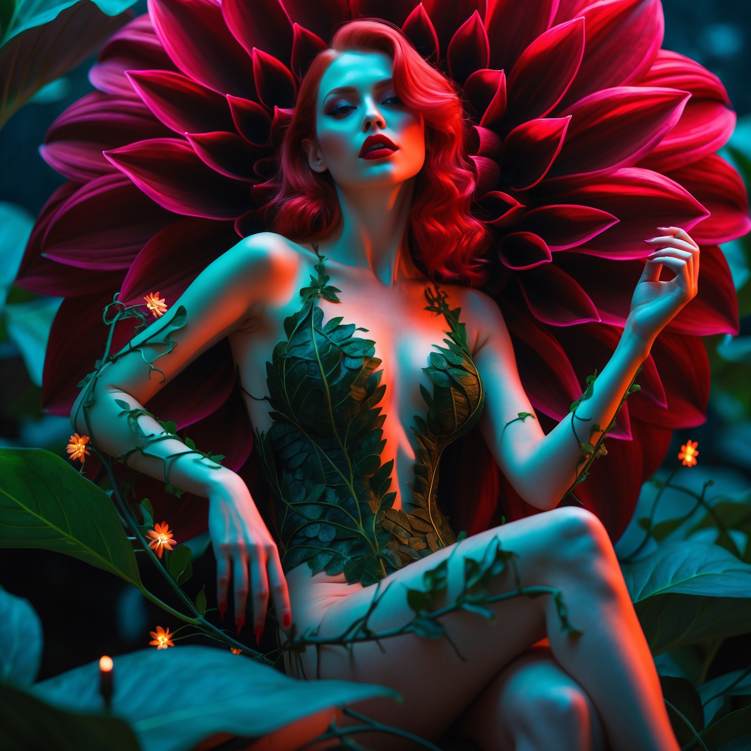 A stunningly seductive woman with fiery red hair, cascading in soft waves, dressed in an intricately detailed, deep green, leaf-textured bodysuit that clings to her curves. She is seated gracefully inside a giant blooming dahlia flower, its deep red and velvety petals unfolding around her like a throne of nature. Her piercing emerald-green eyes glow with an enchanting allure, and her full lips are painted a bold crimson. A few delicate vines wrap around her arms and legs, adorned with small glowing blossoms. The scene is bathed in a warm, ethereal light, casting a soft glow on her flawless, porcelain skin. Her posture is both powerful and inviting, one hand delicately caressing a petal while the other rests on her thigh. The background features a dreamlike botanical setting, with massive bioluminescent leaves and an aura of mystical, untamed nature. The composition is framed to capture her dominance and sensuality, blending elements of high fantasy and sultry glamour. The image has a cinematic, editorial quality, with rich details and a luxurious, velvety texture that brings out the vivid colors of the dahlia and her outfit. She exudes an intoxicating mix of seduction, danger, and botanical magic—the true essence of Poison Ivy reimagined in Dahlia’s world.”