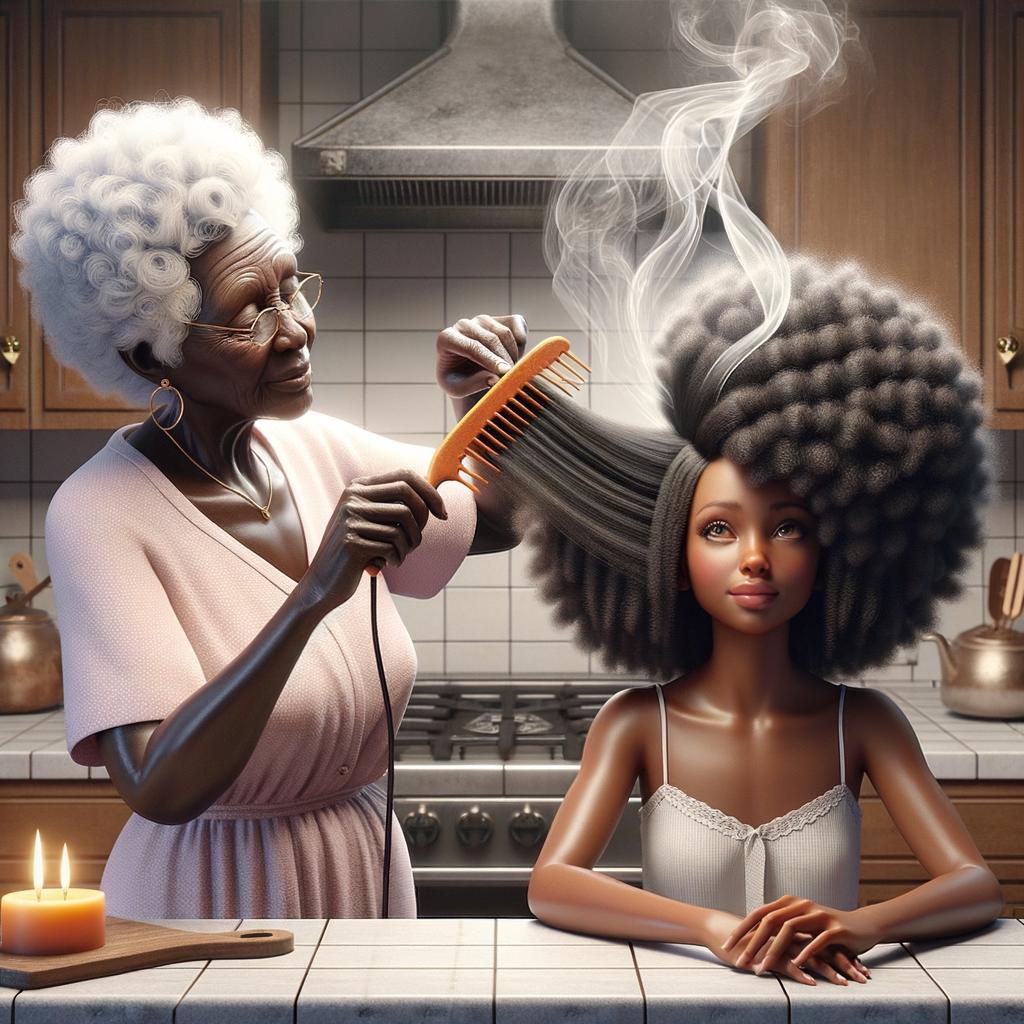 Create a realistic 3-D image of an african-American grandmother in the kitchen with her african-American granddaughter. The grandmother has a hot comb in her hair and she is straightening her granddaughters hair. One side of her granddaughters hair is in  a Afro the other is bone straight 
There is smoke coming from the hot comb